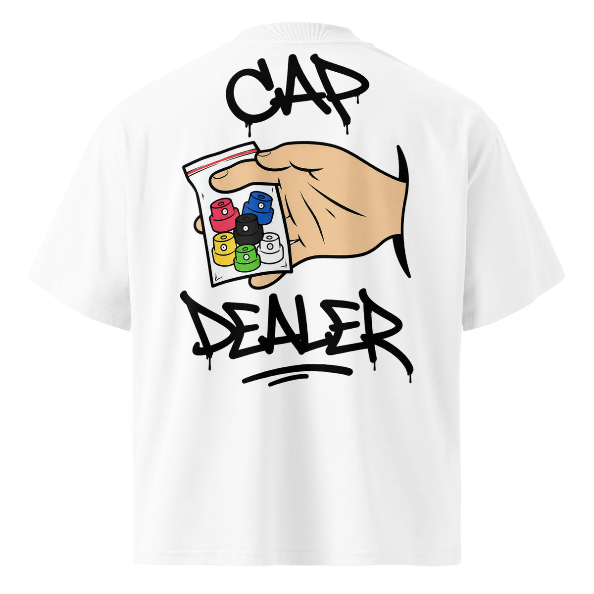 White-Cap Dealer Graffiti Tee from B.Different Clothing, back view, graffiti-inspired streetwear