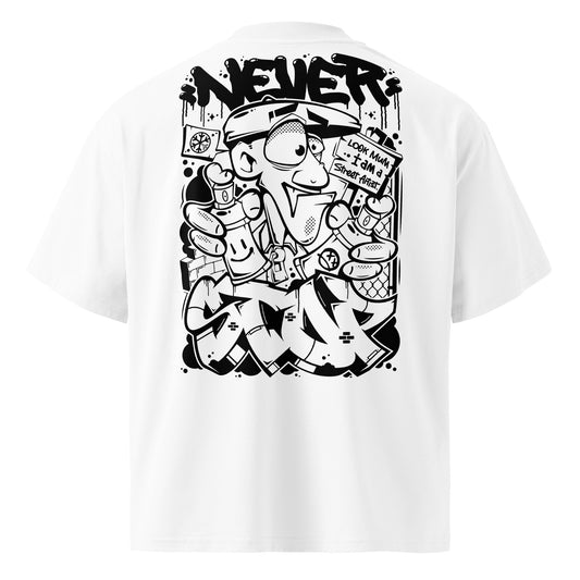 White-Never Stop Graffiti Character Tee from B.Different Clothing, back view, graffiti-inspired streetwear