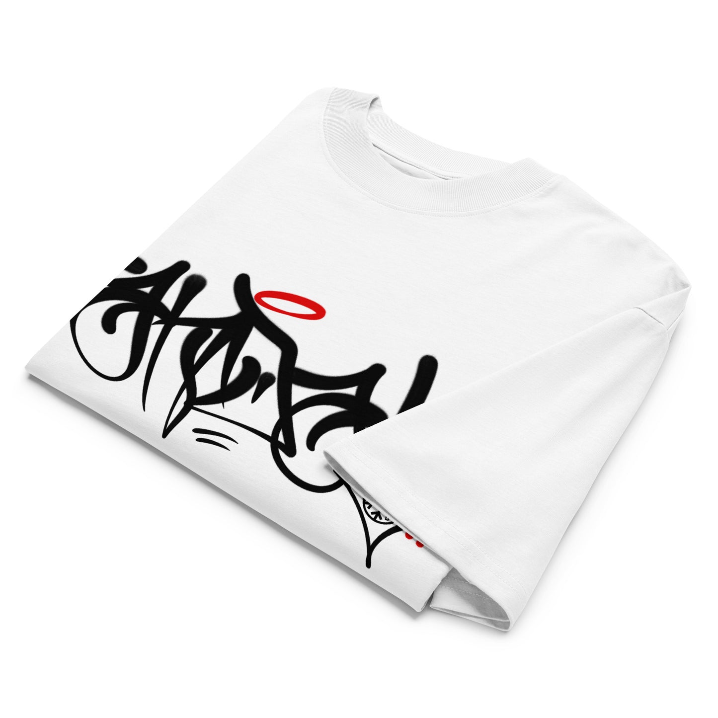 White-Vandal Graffiti Tag Tee by Caos One from B.Different Clothing, folded, graffiti-inspired streetwear, oversized heavyweight t-shirt