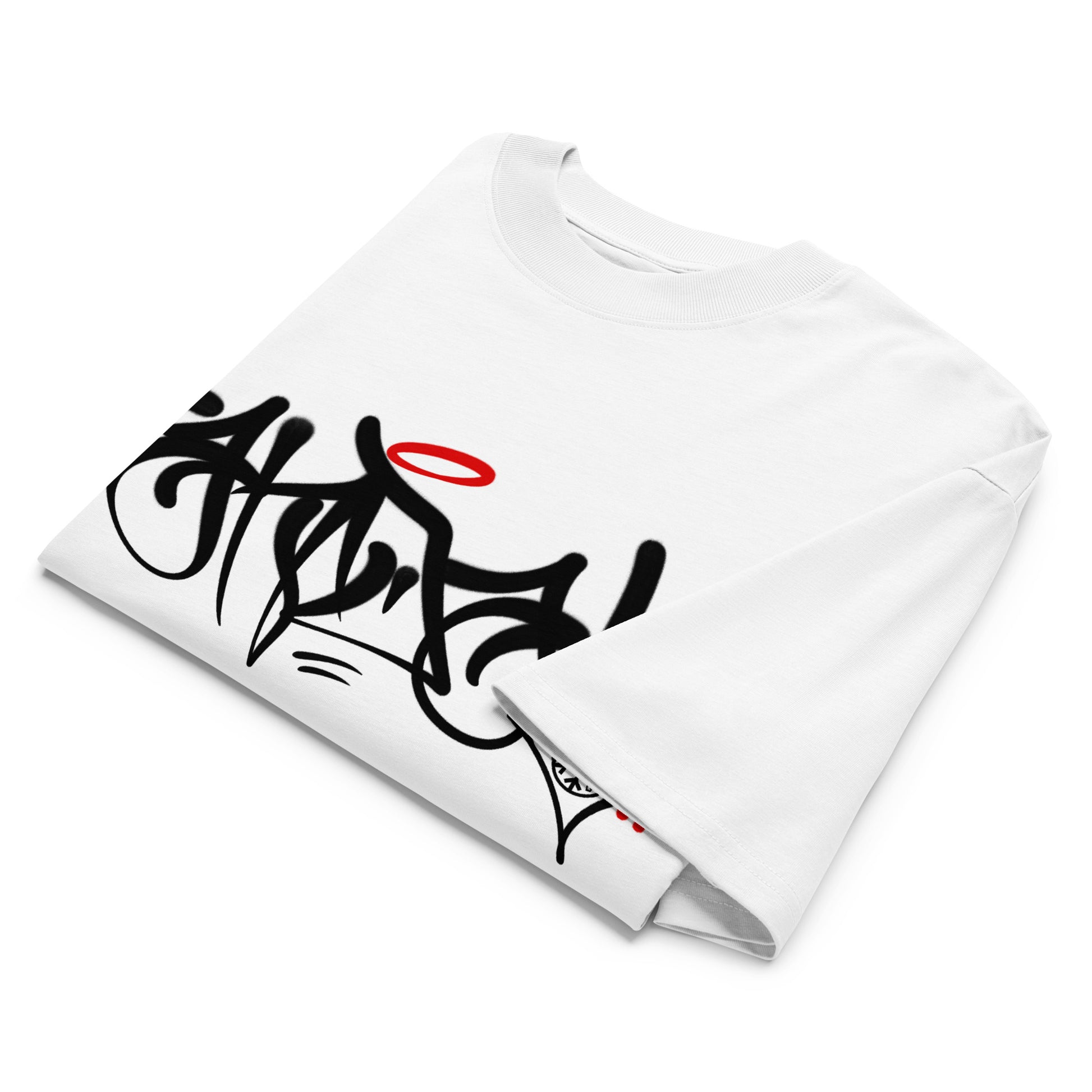 White-Vandal Graffiti Tag Tee by Caos One from B.Different Clothing, folded, graffiti-inspired streetwear, oversized heavyweight t-shirt