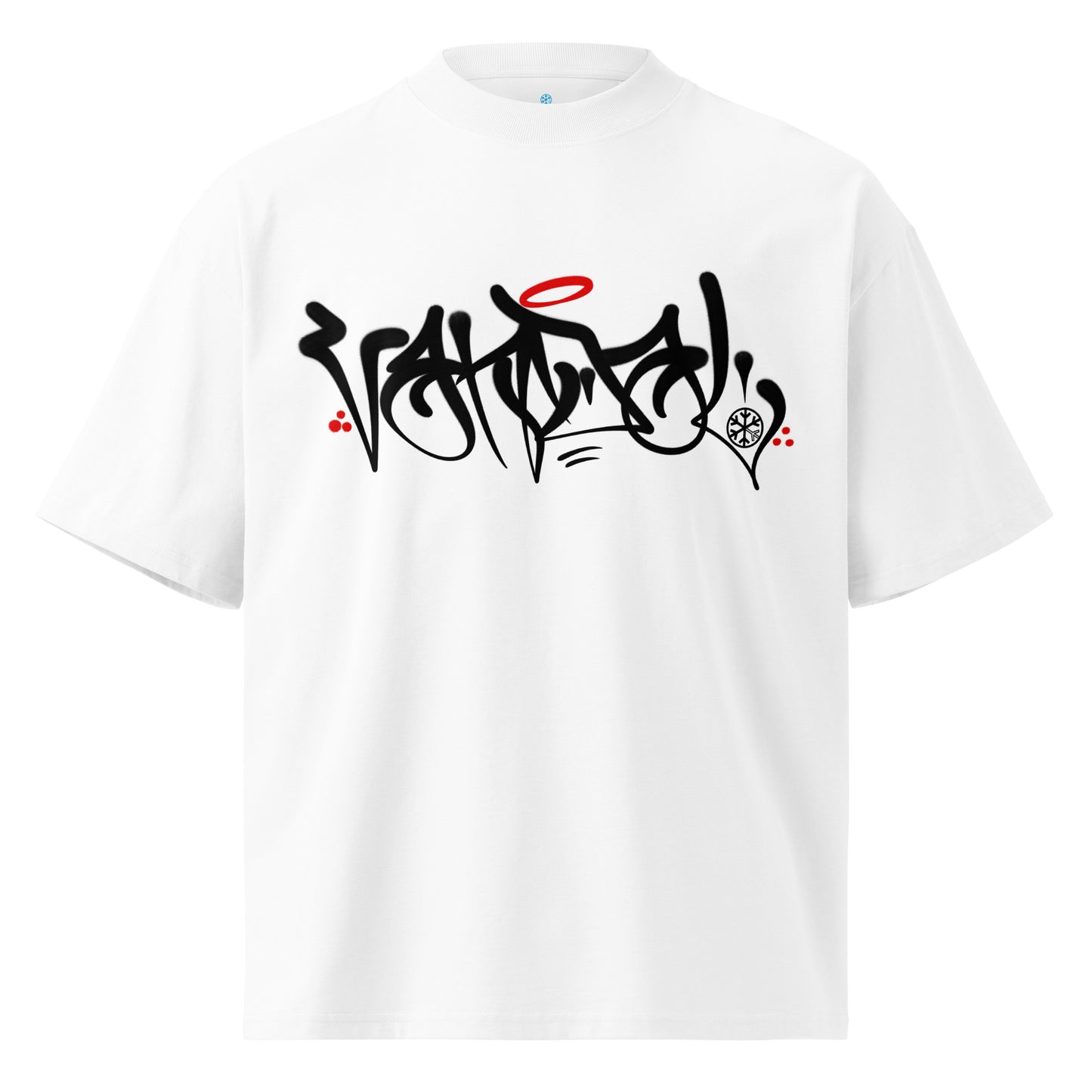 White-Vandal Graffiti Tag Tee by Caos One from B.Different Clothing, front view, graffiti-inspired streetwear, oversized heavyweight t-shirt