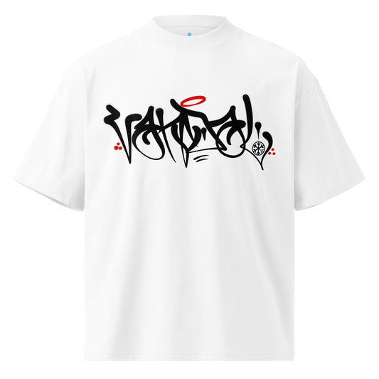White-Vandal Graffiti Tag Tee by Caos One from B.Different Clothing, front view, graffiti-inspired streetwear, oversized heavyweight t-shirt