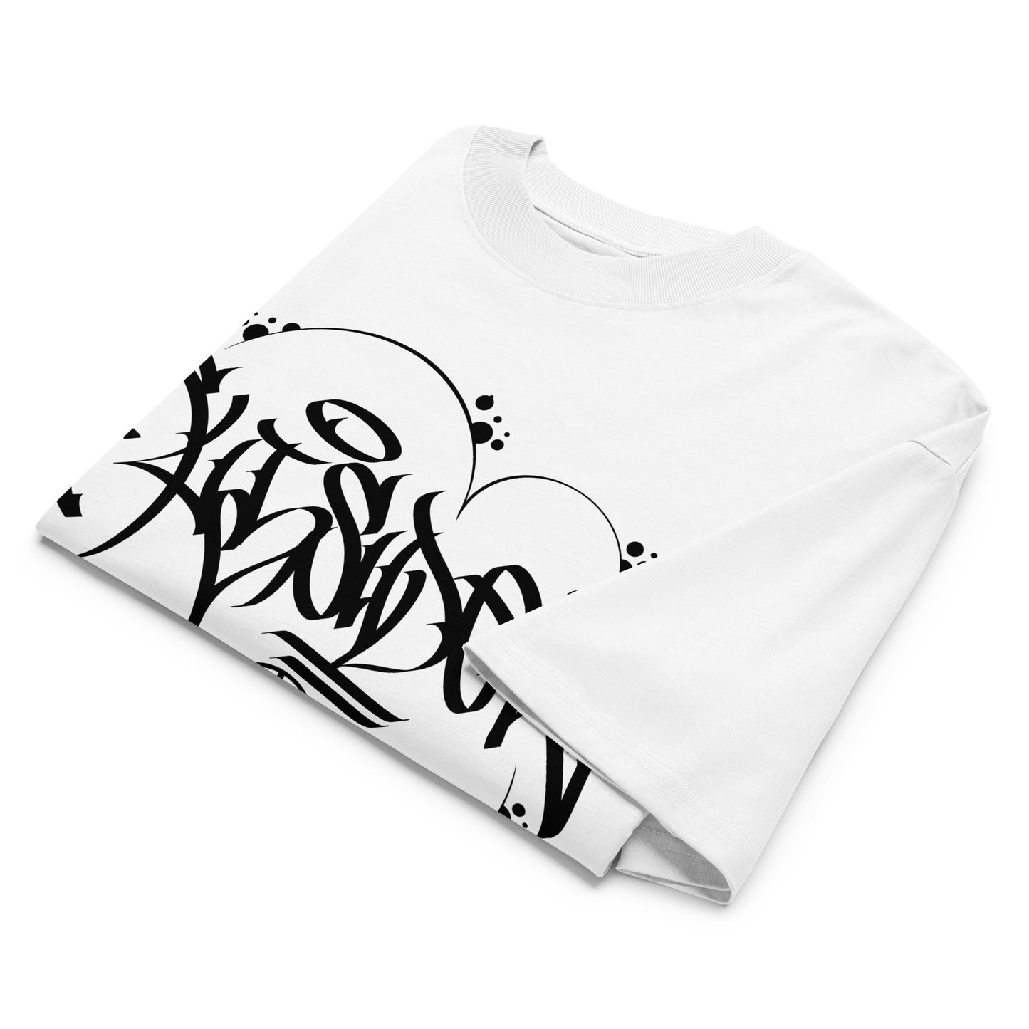 White-Outsider Graffiti Tag Tee by Caos One from B.Different Clothing, folded, graffiti-inspired streetwear, oversized heavyweight t-shirt