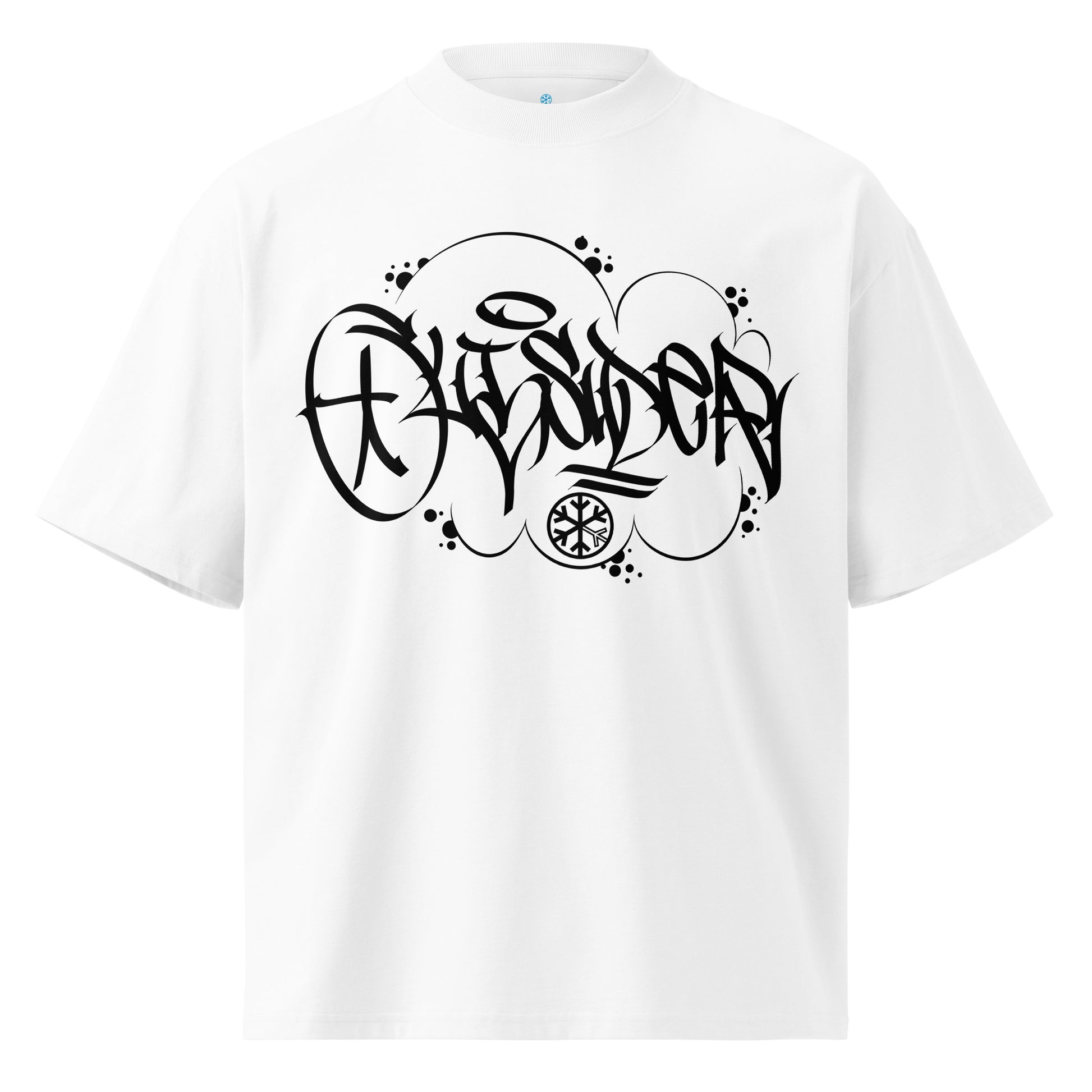 White-Outsider Graffiti Tag Tee by Caos One from B.Different Clothing, front view, graffiti-inspired streetwear, oversized heavyweight t-shirt