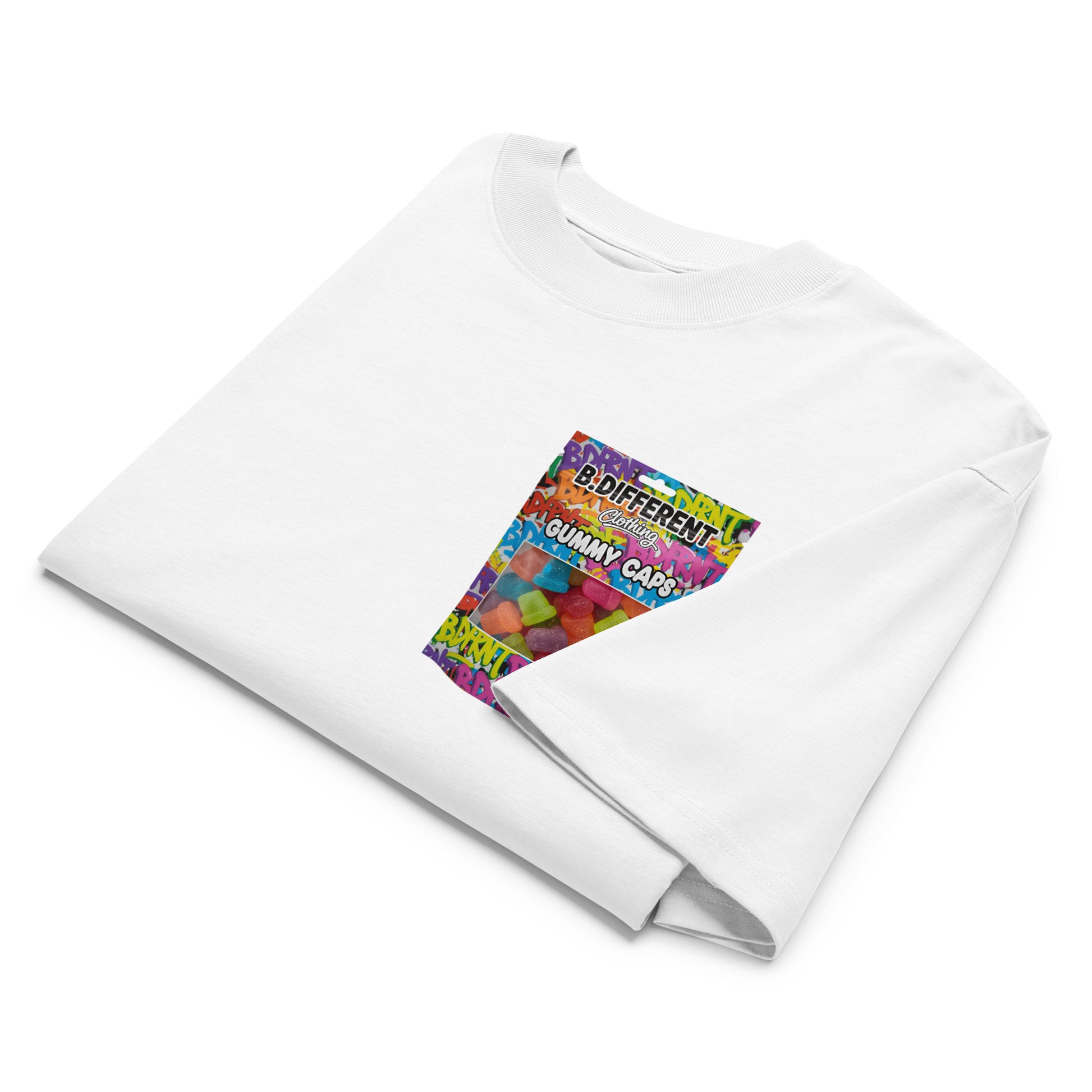 White-Gummy Caps Graffiti Tee from B.Different Clothing, folded, graffiti-inspired streetwear, oversized heavyweight t-shirt