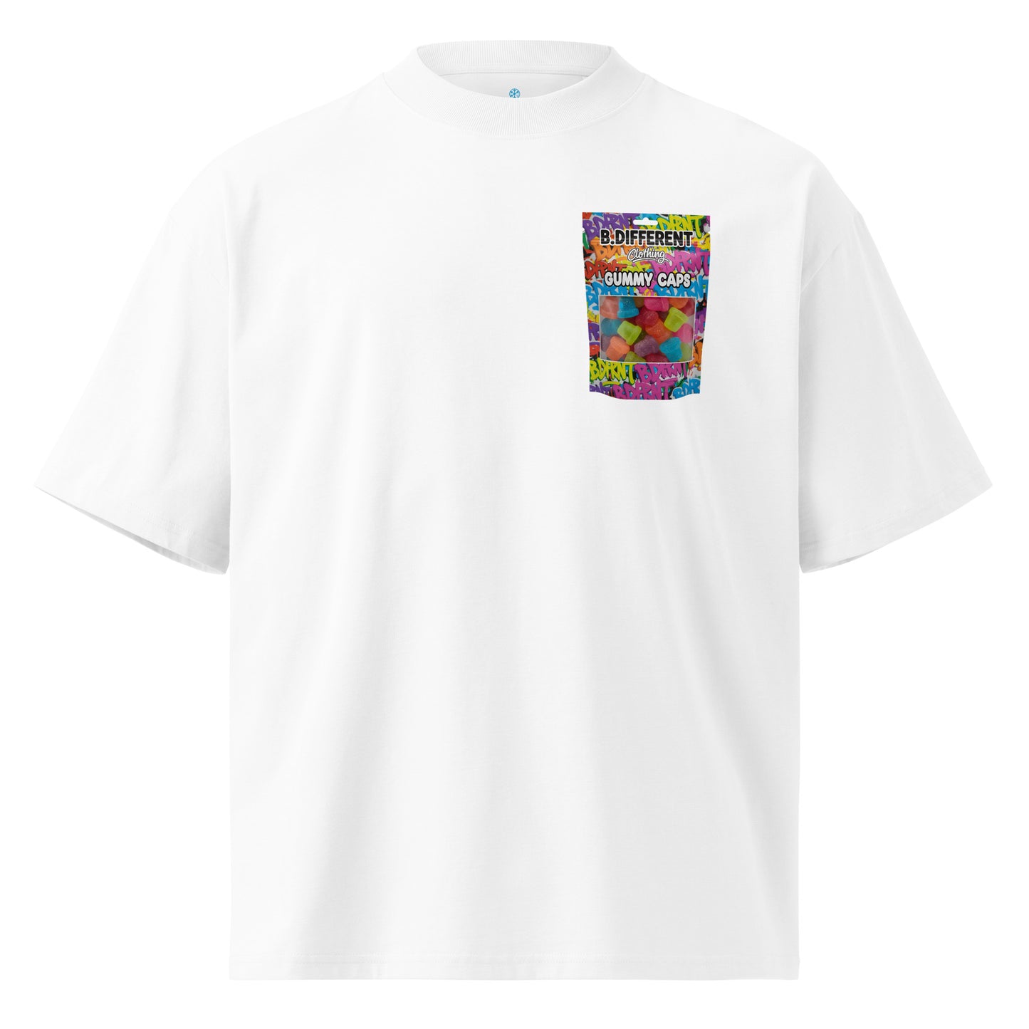 White-Gummy Caps Graffiti Tee from B.Different Clothing, front view, graffiti-inspired streetwear, oversized heavyweight t-shirt