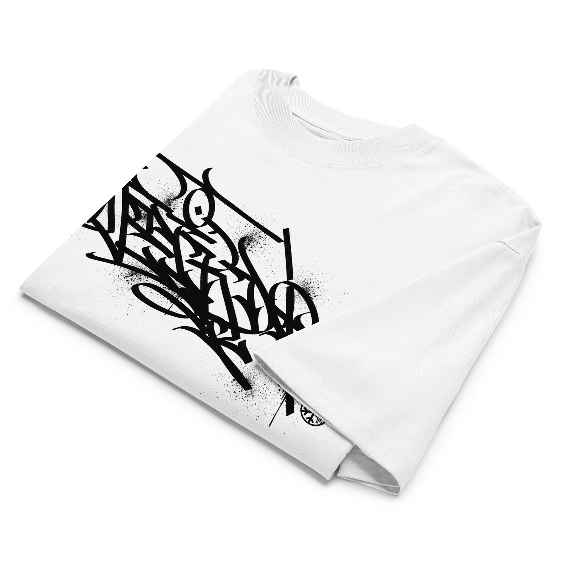 White-Weirdo Graffiti Tag Tee by Shew from B.Different Clothing, folded, graffiti-inspired streetwear, oversized heavyweight t-shirt
