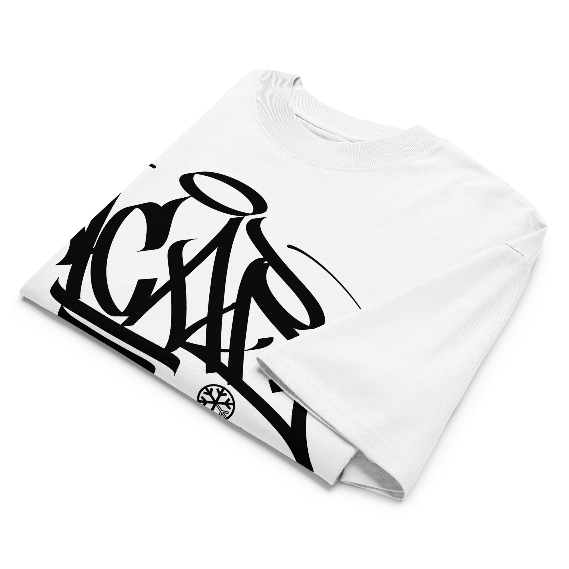 White-Acab Graffiti Tag Tee by Caos One from B.Different Clothing, folded, graffiti-inspired streetwear, oversized heavyweight t-shirt