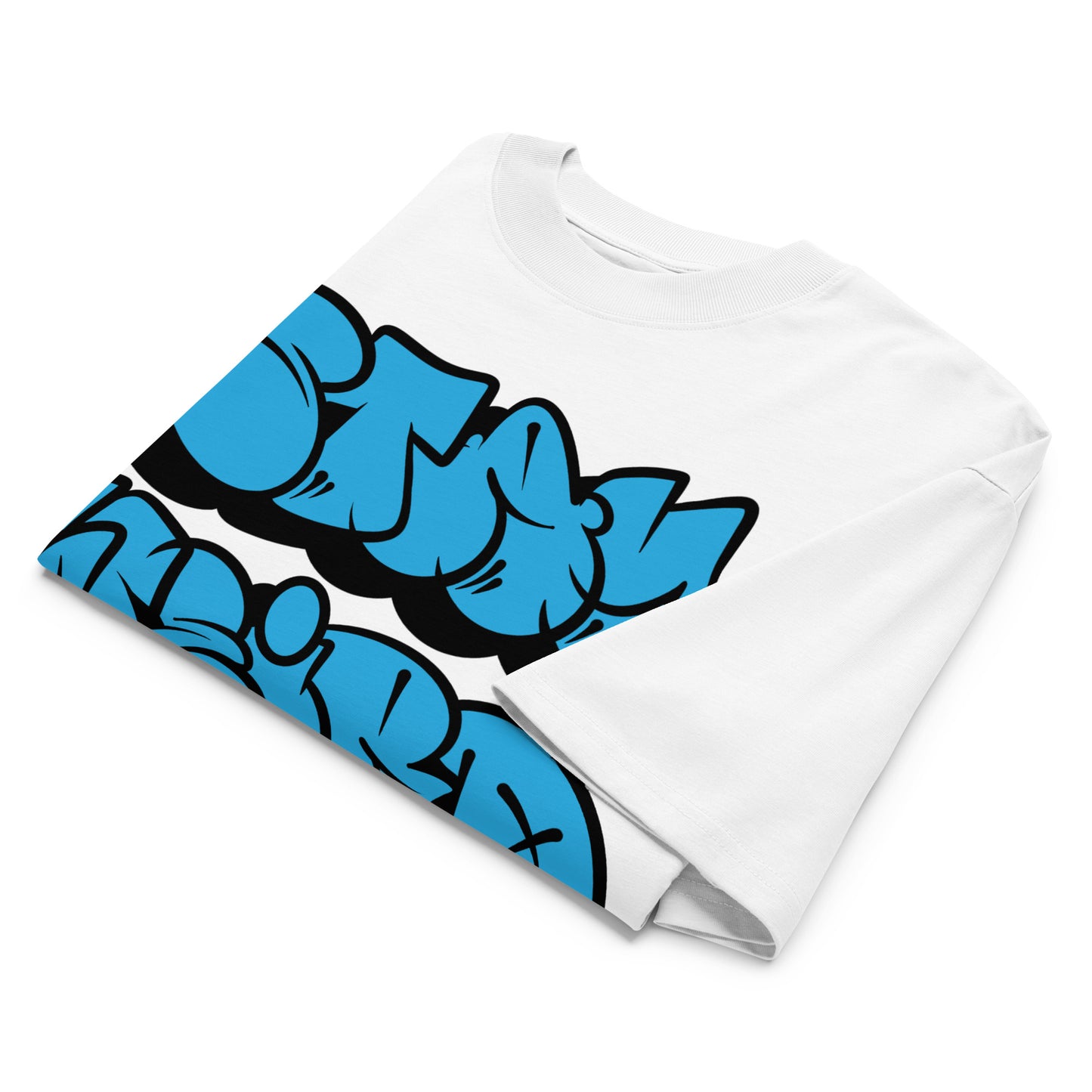 White-Stay Weird Graffiti Throwie Tee by Monsterinho from B.Different Clothing, folded, graffiti-inspired streetwear, oversized heavyweight t-shirt