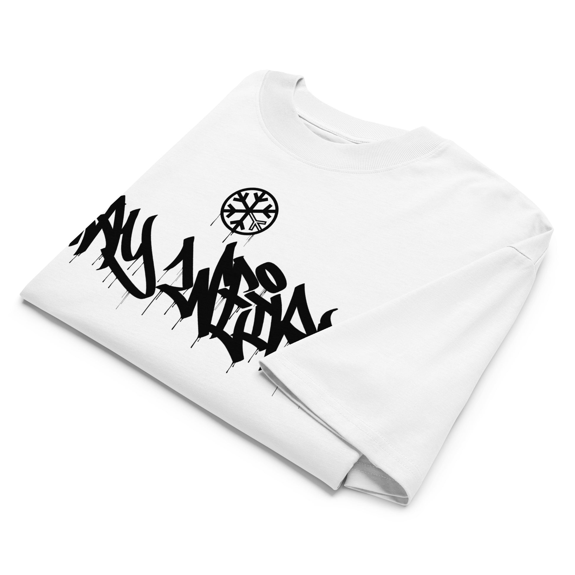 White-Stay Weird Graffiti Tag Tee by Monsterinho from B.Different Clothing, folded, graffiti-inspired streetwear, oversized heavyweight t-shirt