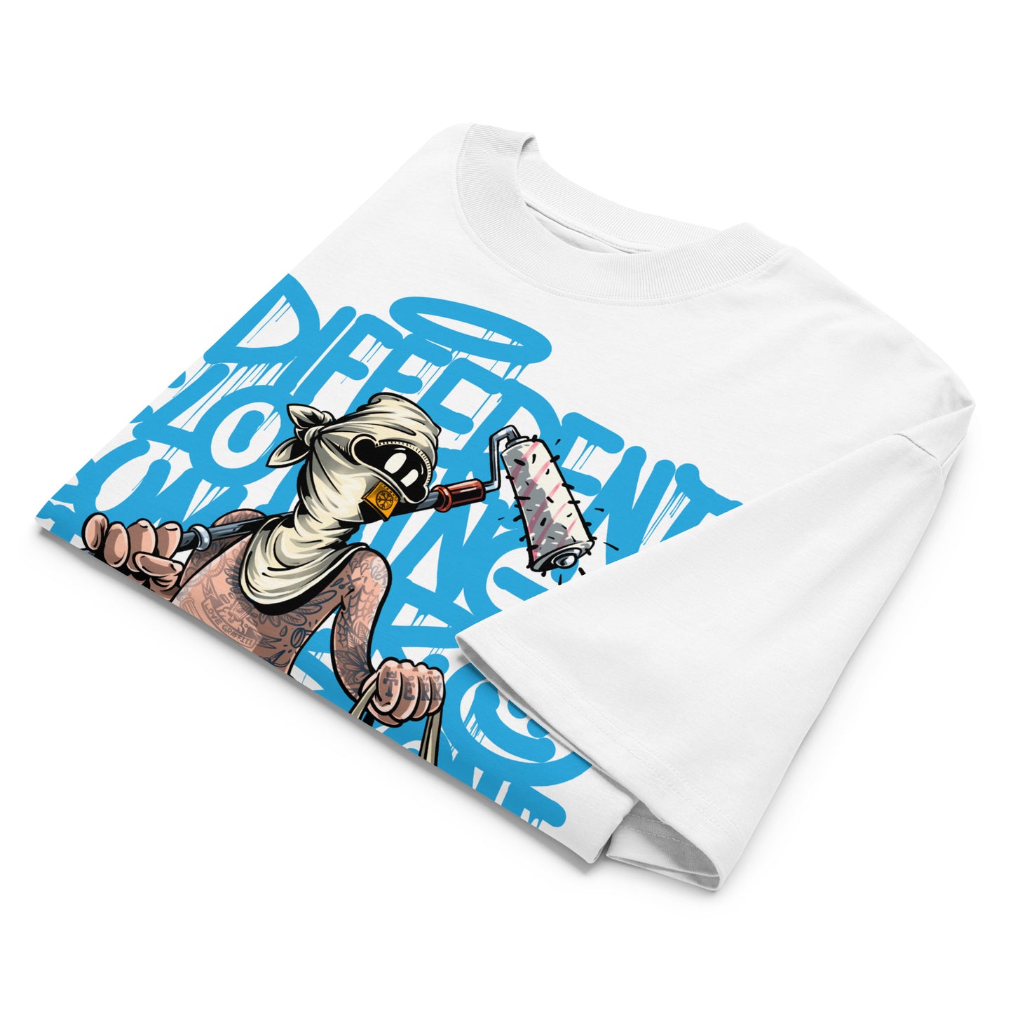 White-Summer Graffiti Tee by Trk One from B.Different Clothing, folded, graffiti-inspired streetwear t-shirt