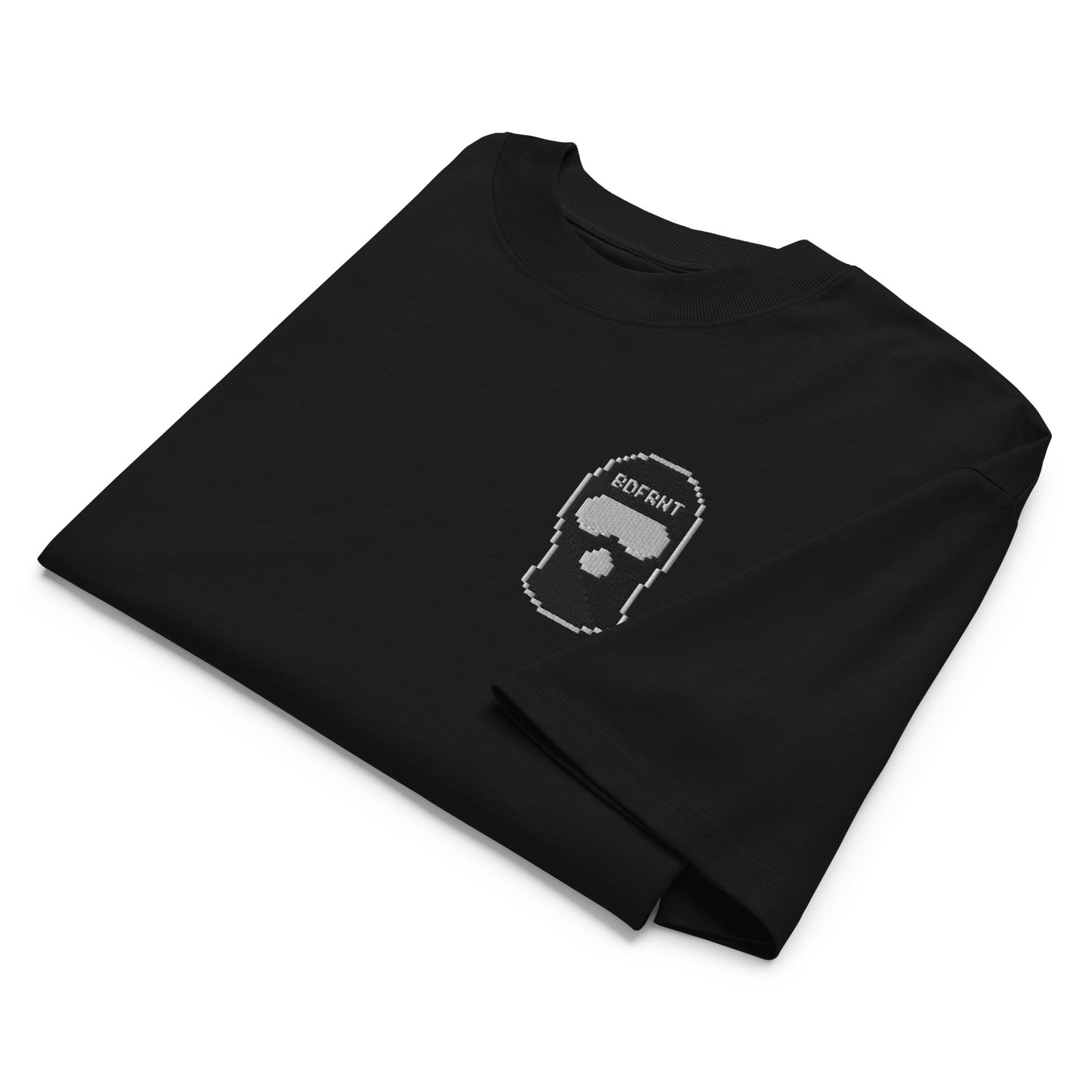 Black-Pixel Balaclava Graffiti Tee from B.Different Clothing, folded, graffiti-inspired streetwear, oversized heavyweight t-shirt