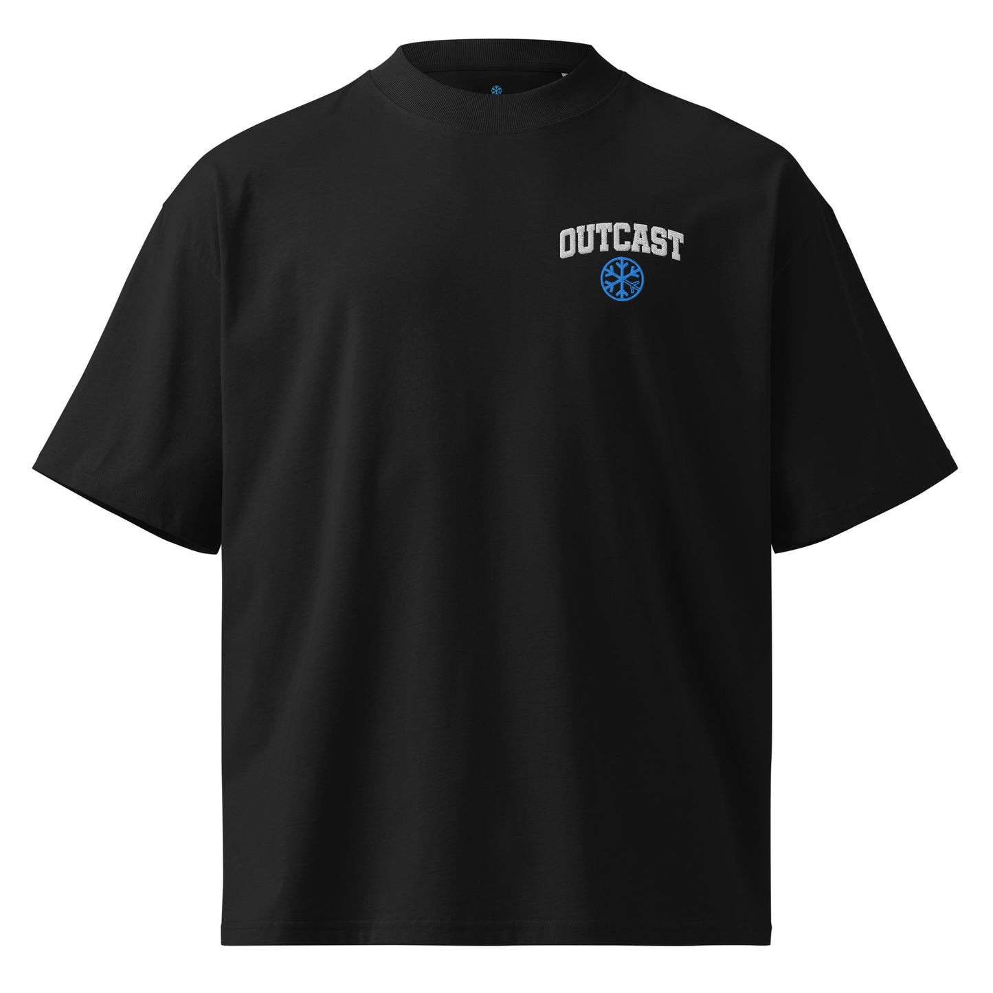 Black-Outcast College Tee from B.Different Clothing, front view, graffiti-inspired streetwear, oversized heavyweight t-shirt