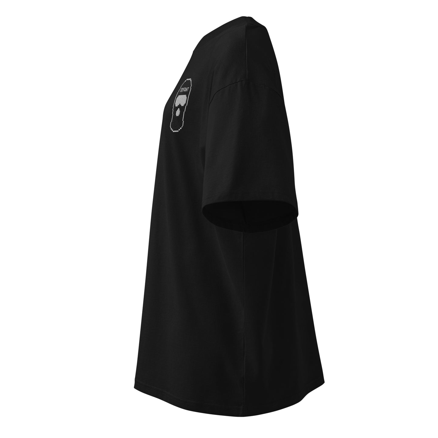 Black-Pixel Balaclava Graffiti Tee from B.Different Clothing, left view, graffiti-inspired streetwear, oversized heavyweight t-shirt