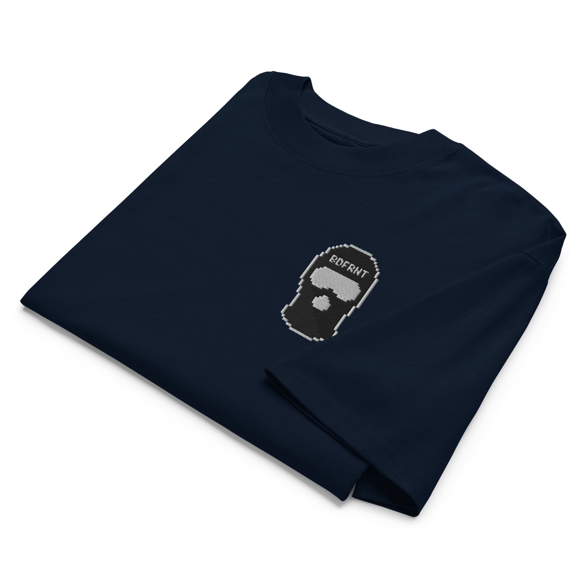 Navy-Pixel Balaclava Graffiti Tee from B.Different Clothing, folded, graffiti-inspired streetwear, oversized heavyweight t-shirt