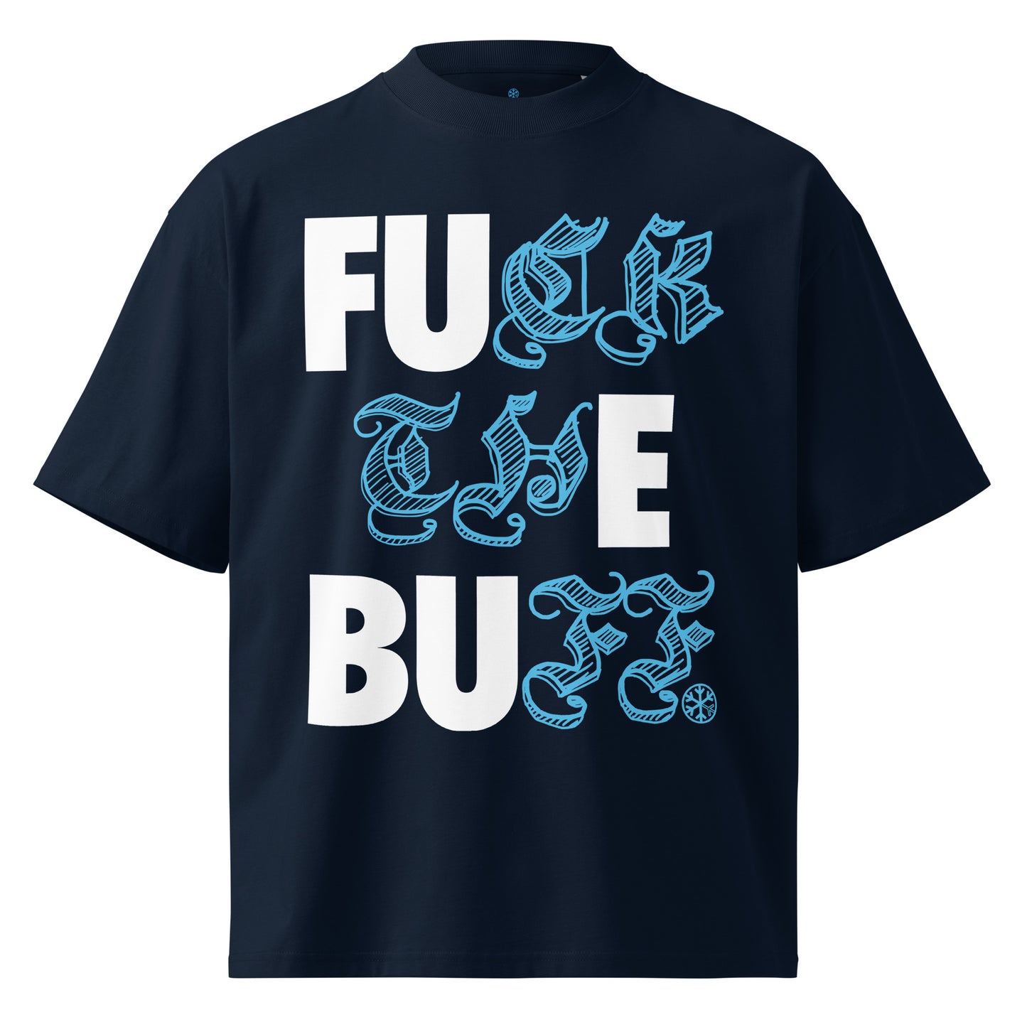 Navy-Fuck The Buff Graffiti Tee from B.Different Clothing, front view, graffiti-inspired streetwear, oversized heavyweight t-shirt
