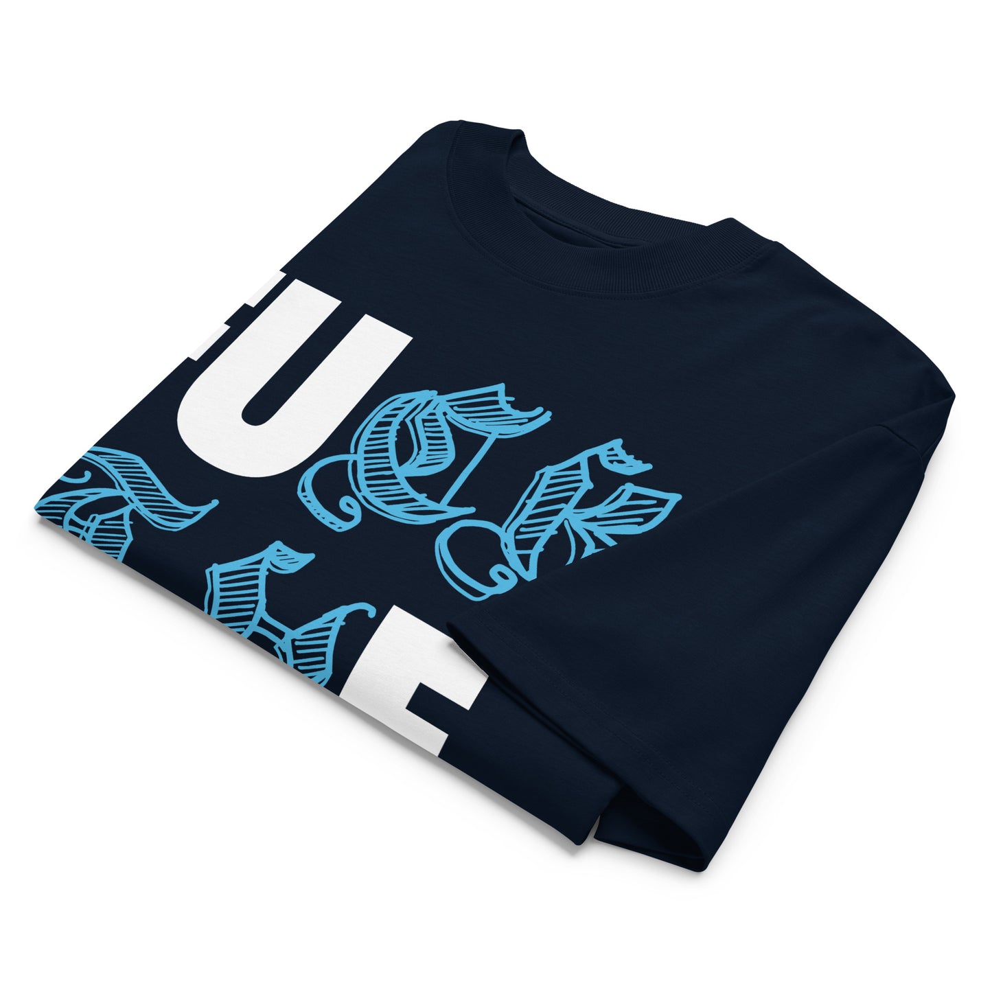Navy-Fuck The Buff Graffiti Tee from B.Different Clothing, folded, graffiti-inspired streetwear, oversized heavyweight t-shirt