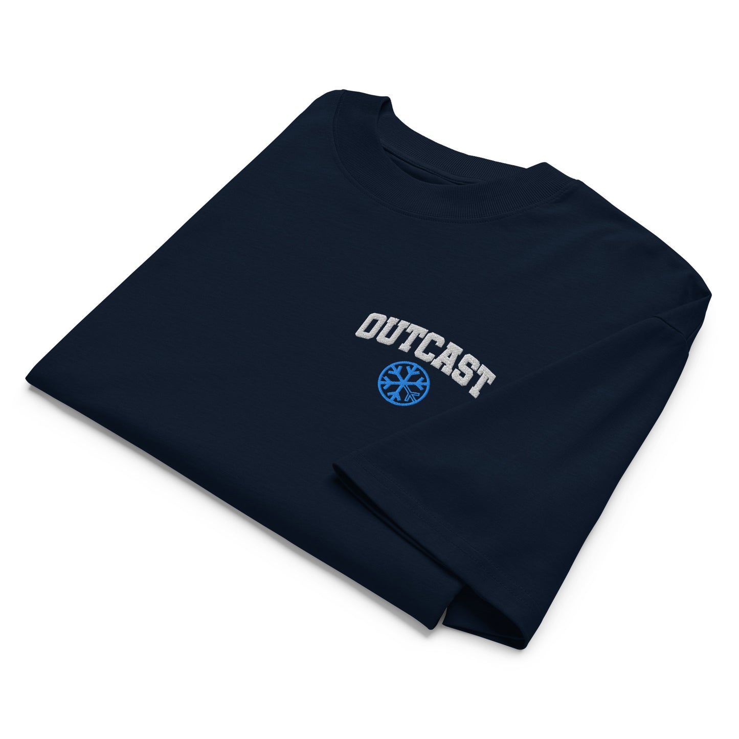 Navy-Outcast College Tee from B.Different Clothing, folded, graffiti-inspired streetwear, oversized heavyweight t-shirt