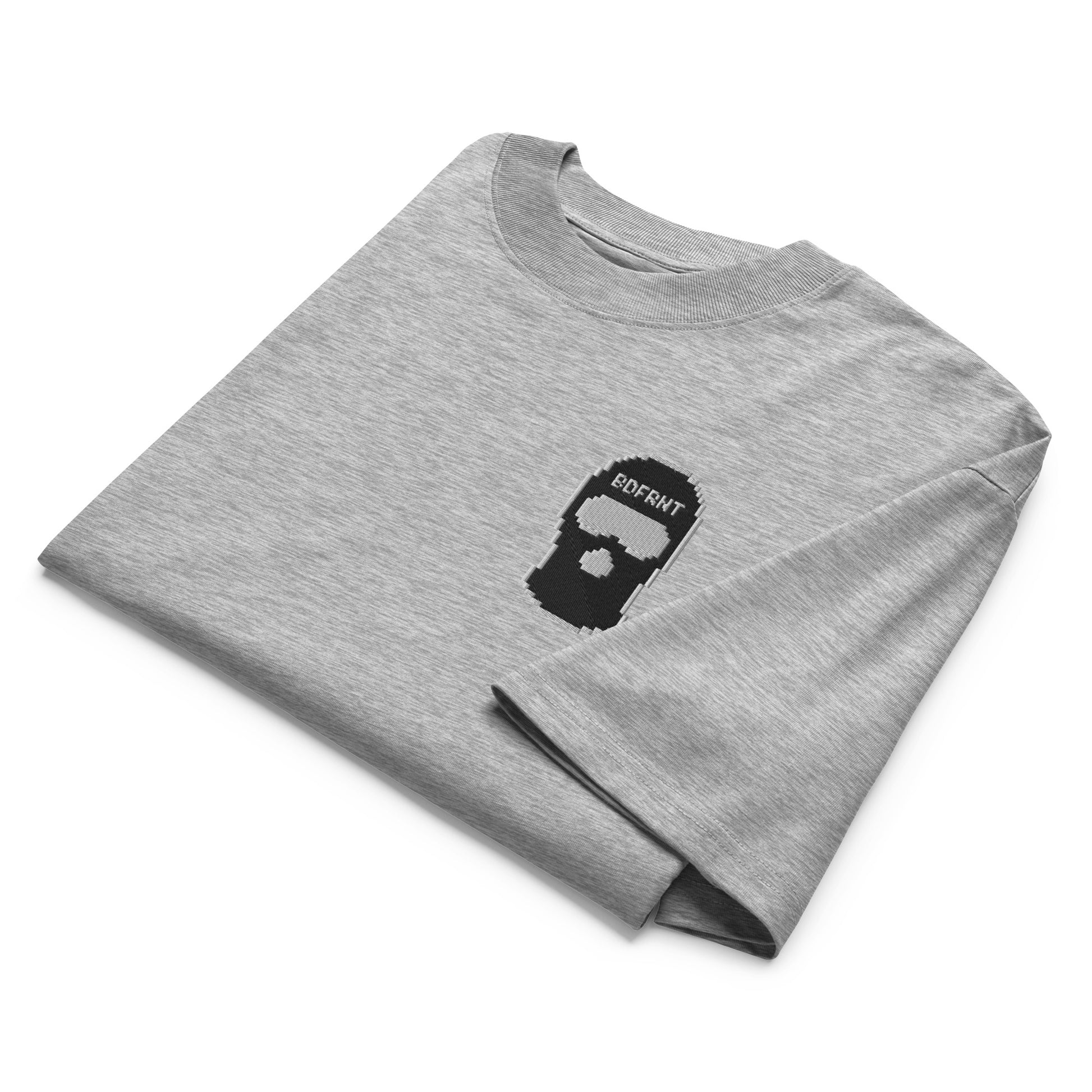 Gray-Pixel Balaclava Graffiti Tee from B.Different Clothing, folded, graffiti-inspired streetwear, oversized heavyweight t-shirt