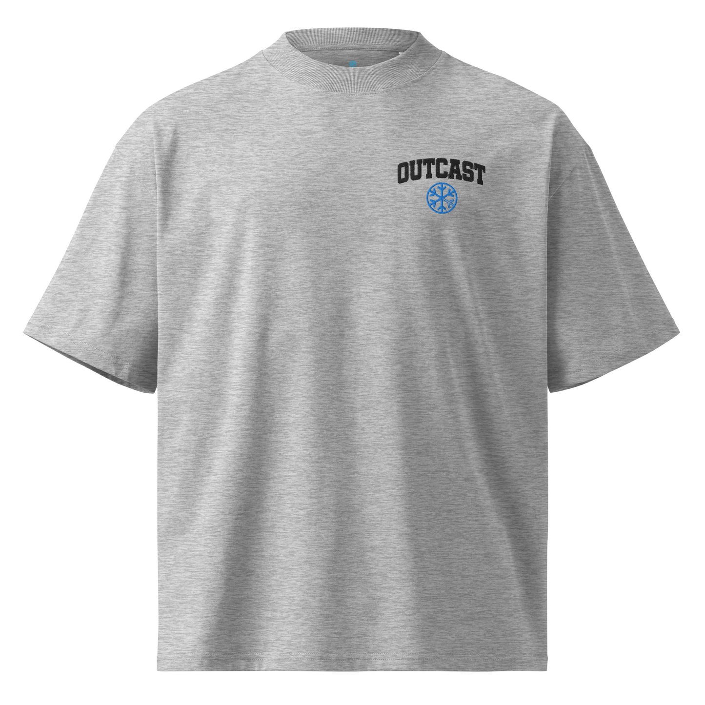 Gray-Outcast College Tee from B.Different Clothing, front view, graffiti-inspired streetwear, oversized heavyweight t-shirt