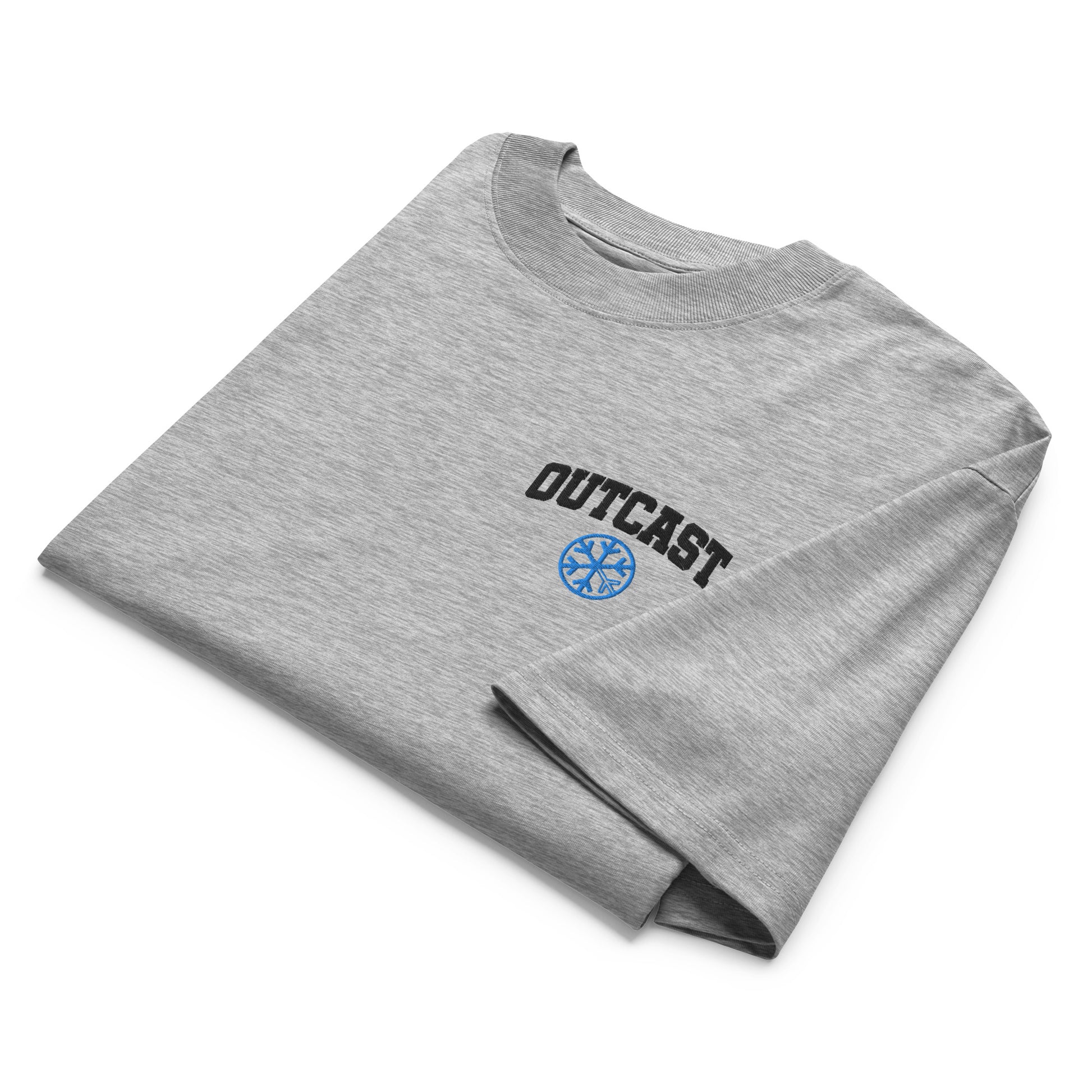 Gray-Outcast College Tee from B.Different Clothing, folded, graffiti-inspired streetwear, oversized heavyweight t-shirt
