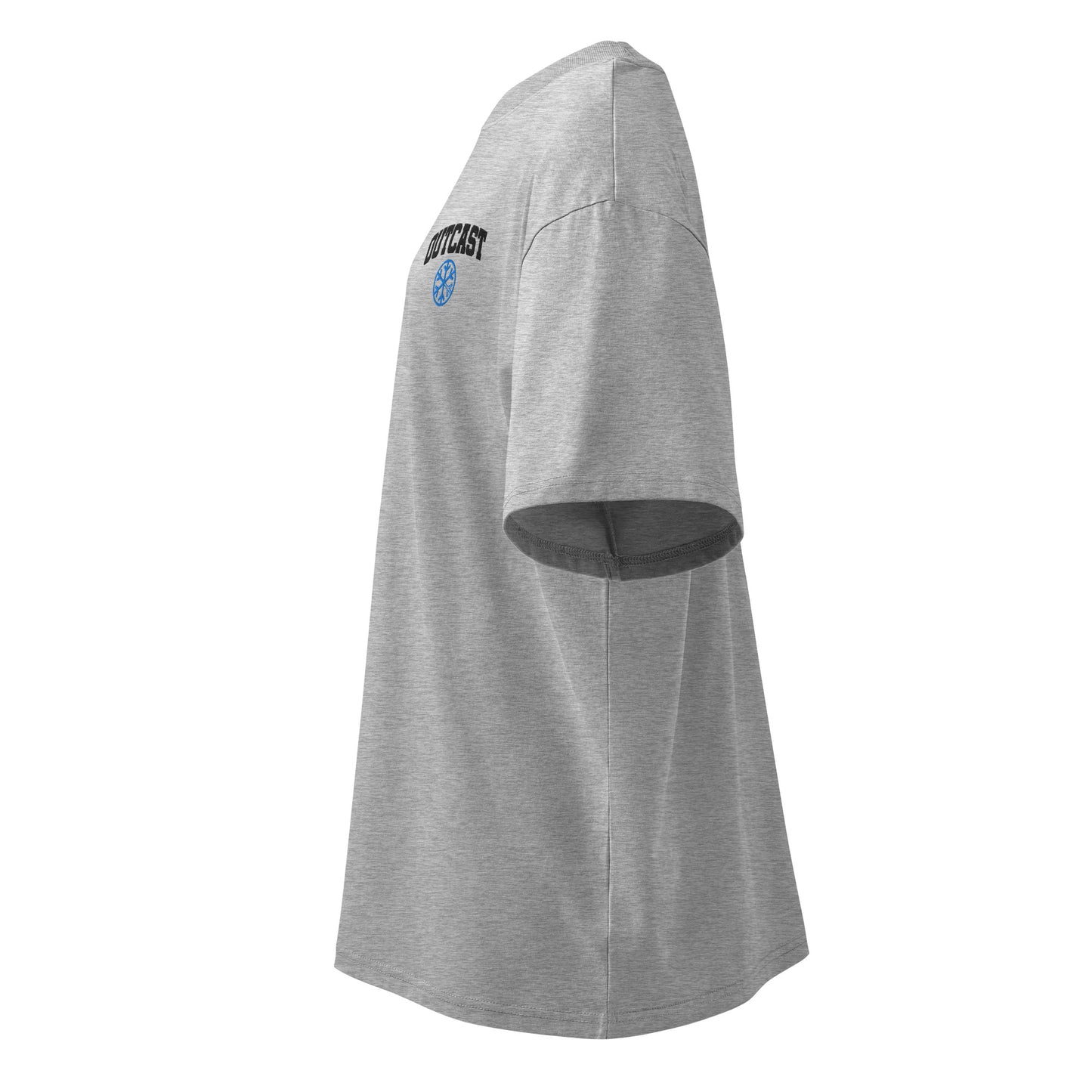 Gray-Outcast College Tee from B.Different Clothing, left view, graffiti-inspired streetwear, oversized heavyweight t-shirt