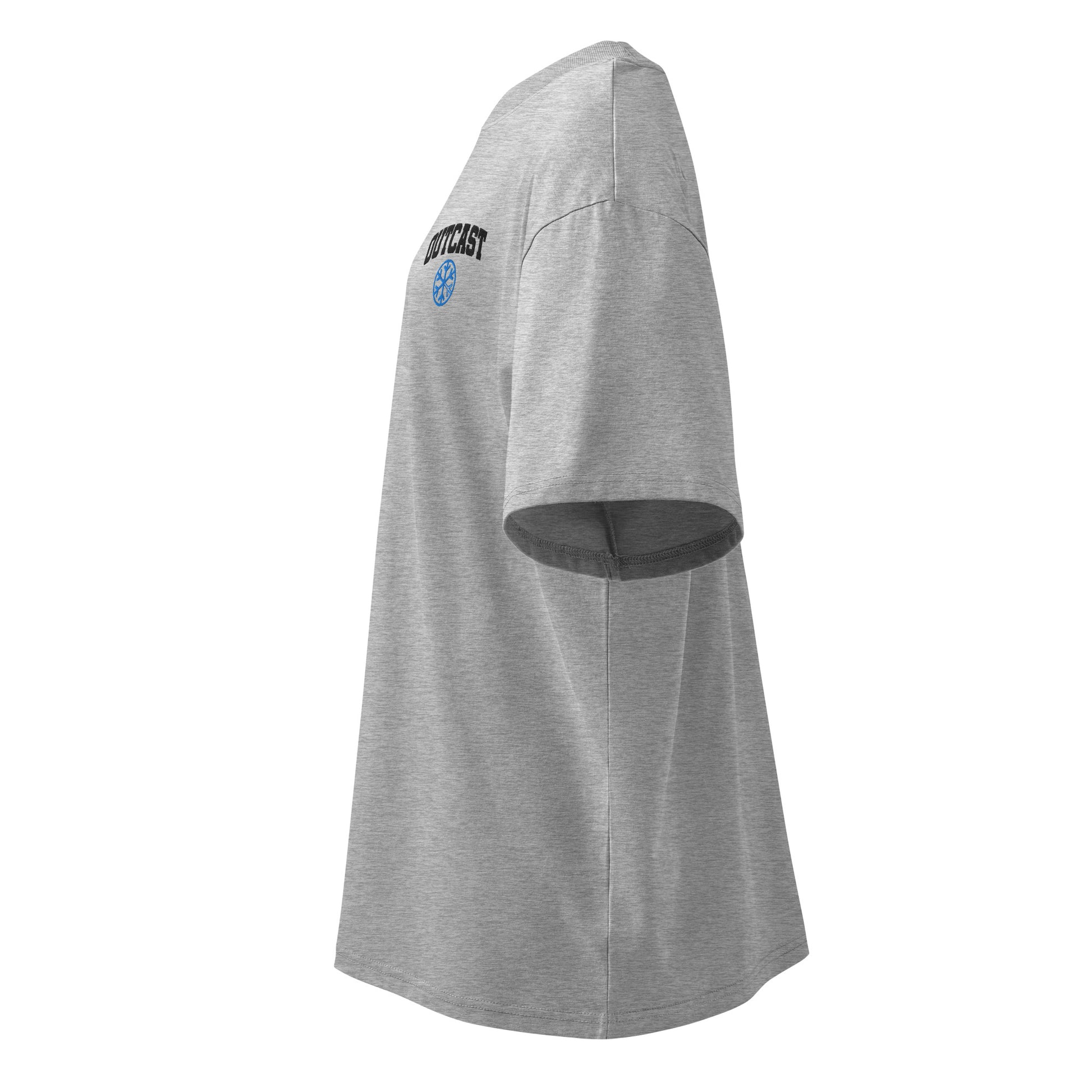 Gray-Outcast College Tee from B.Different Clothing, left view, graffiti-inspired streetwear, oversized heavyweight t-shirt