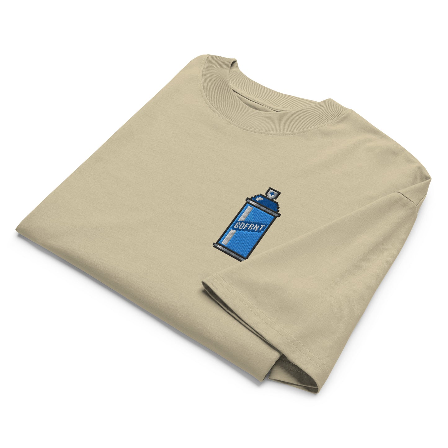 Beige-Pixel Spray Can Graffiti Tee from B.Different Clothing, folded, graffiti-inspired streetwear oversized heavyweight t-shirt
