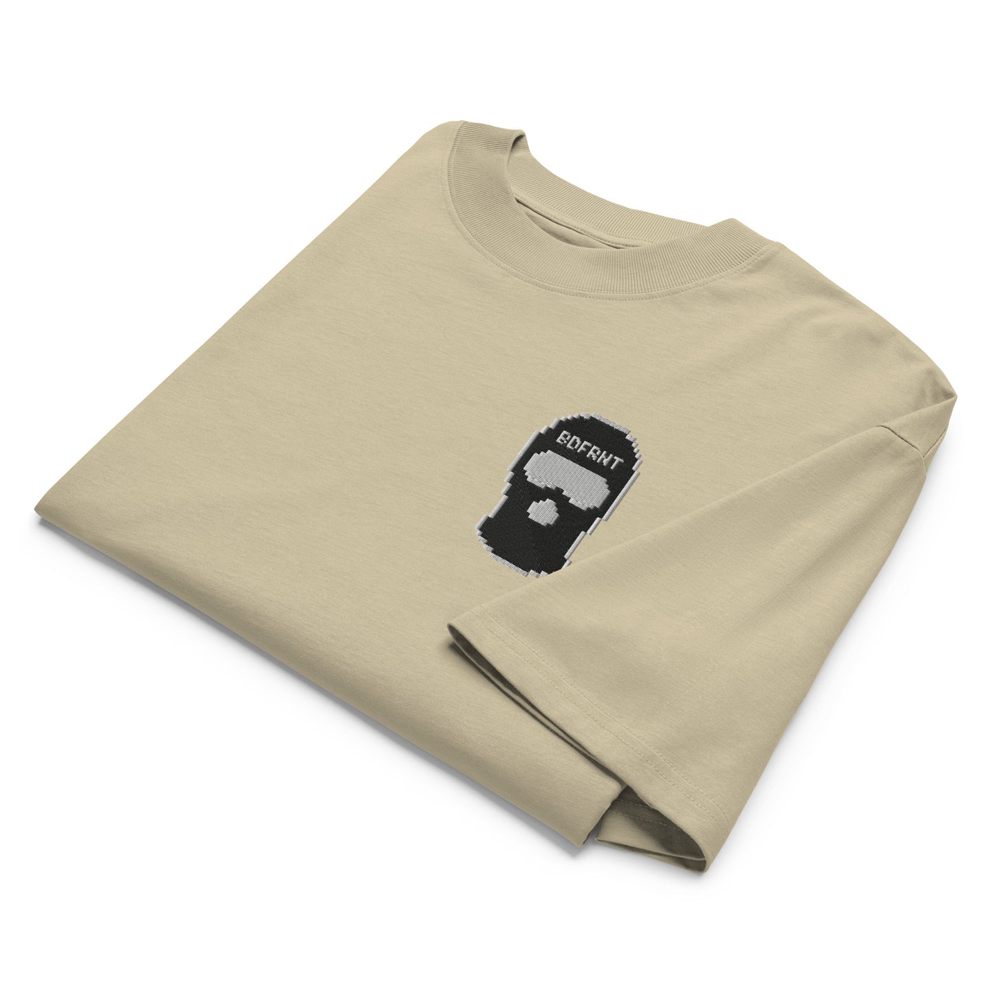 Beige-Pixel Balaclava Graffiti Tee from B.Different Clothing, folded, graffiti-inspired streetwear, oversized heavyweight t-shirt