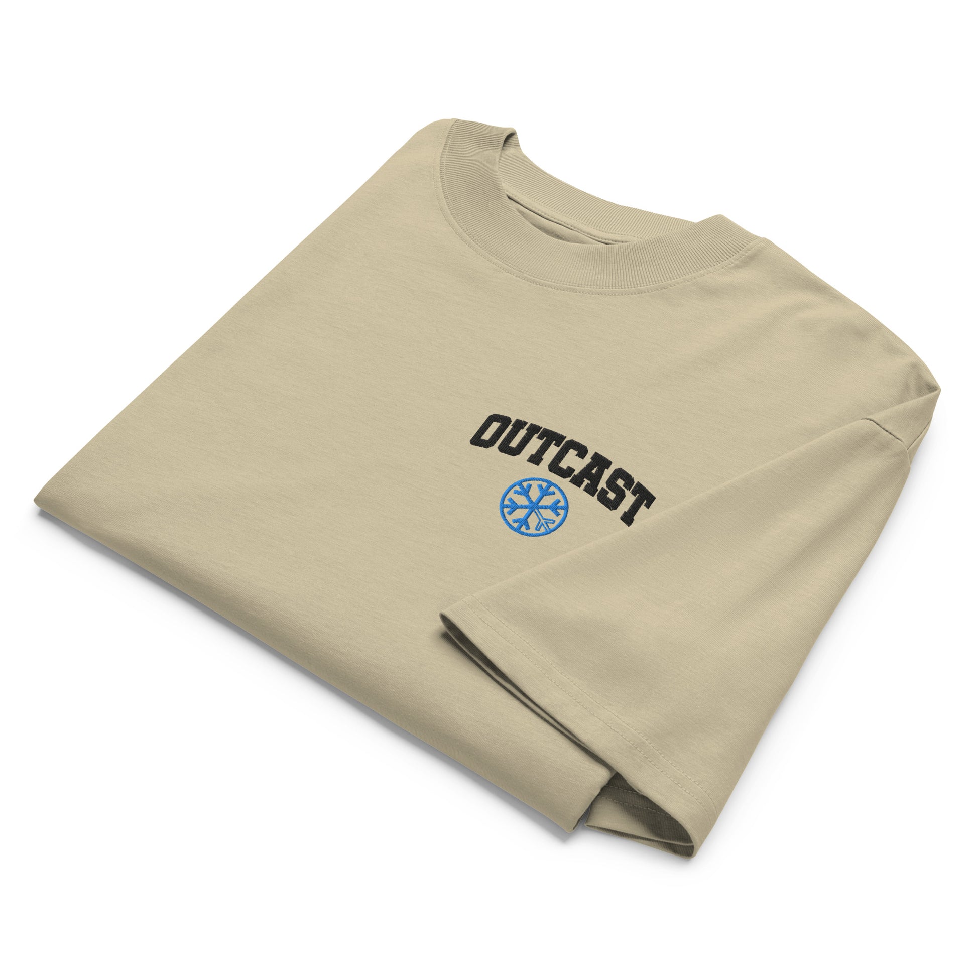 Beige-Outcast College Tee from B.Different Clothing, folded, graffiti-inspired streetwear, oversized heavyweight t-shirt
