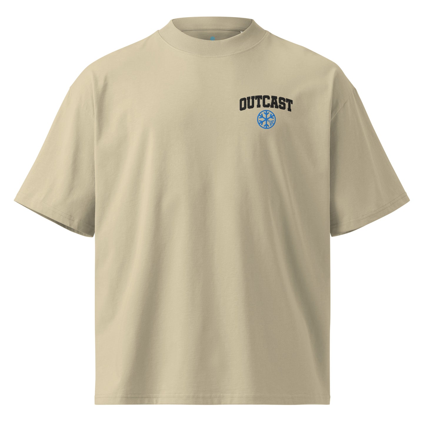 Beige-Outcast College Tee from B.Different Clothing, front view, graffiti-inspired streetwear, oversized heavyweight t-shirt