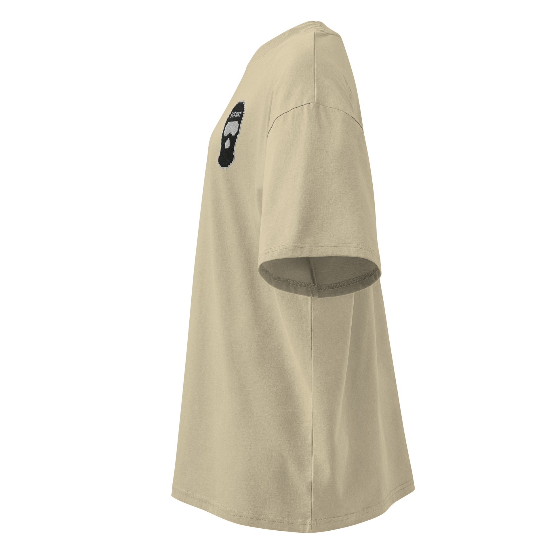 Beige-Pixel Balaclava Graffiti Tee from B.Different Clothing, left view, graffiti-inspired streetwear, oversized heavyweight t-shirt