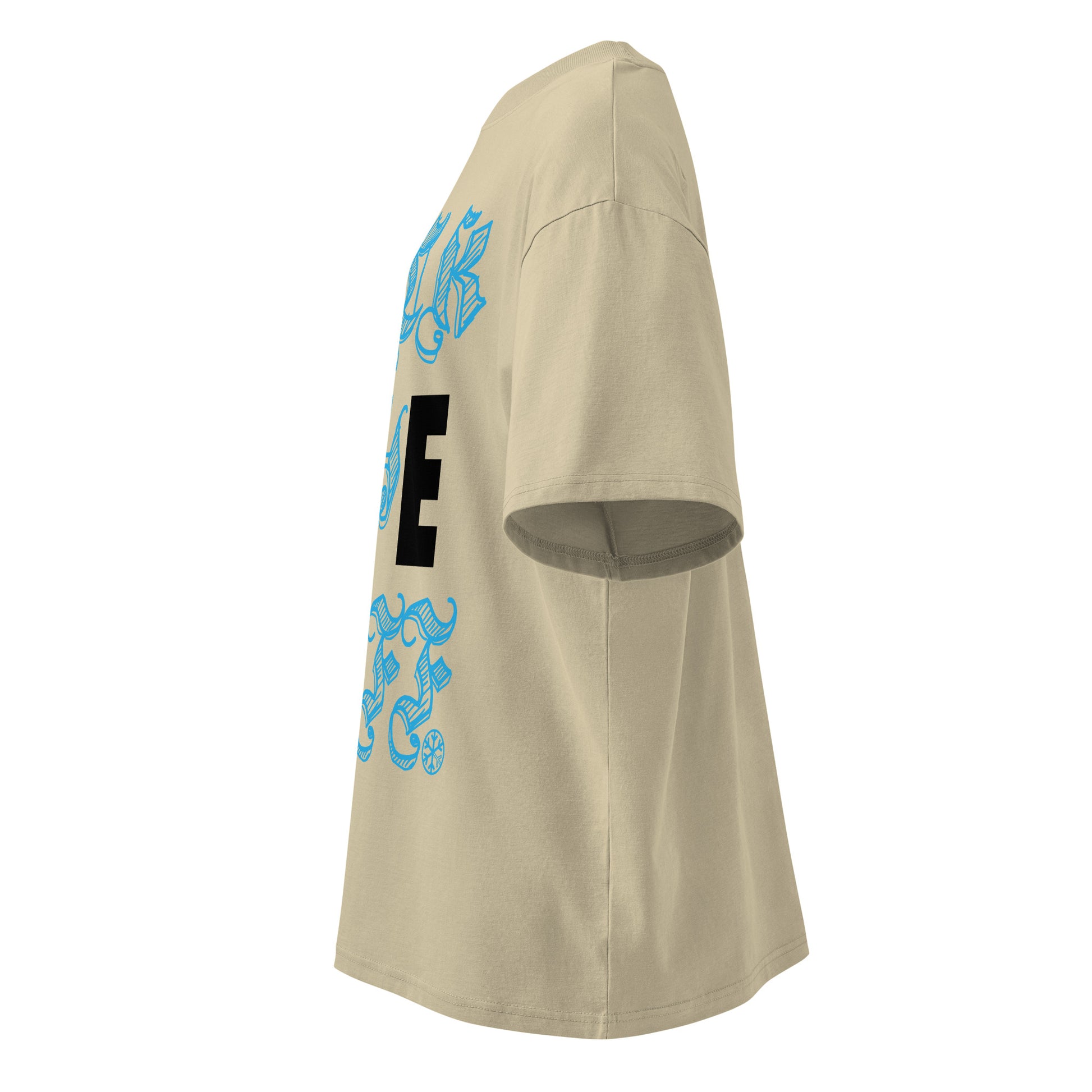 Beige-Fuck The Buff Graffiti Tee from B.Different Clothing, left view, graffiti-inspired streetwear, oversized heavyweight t-shirt