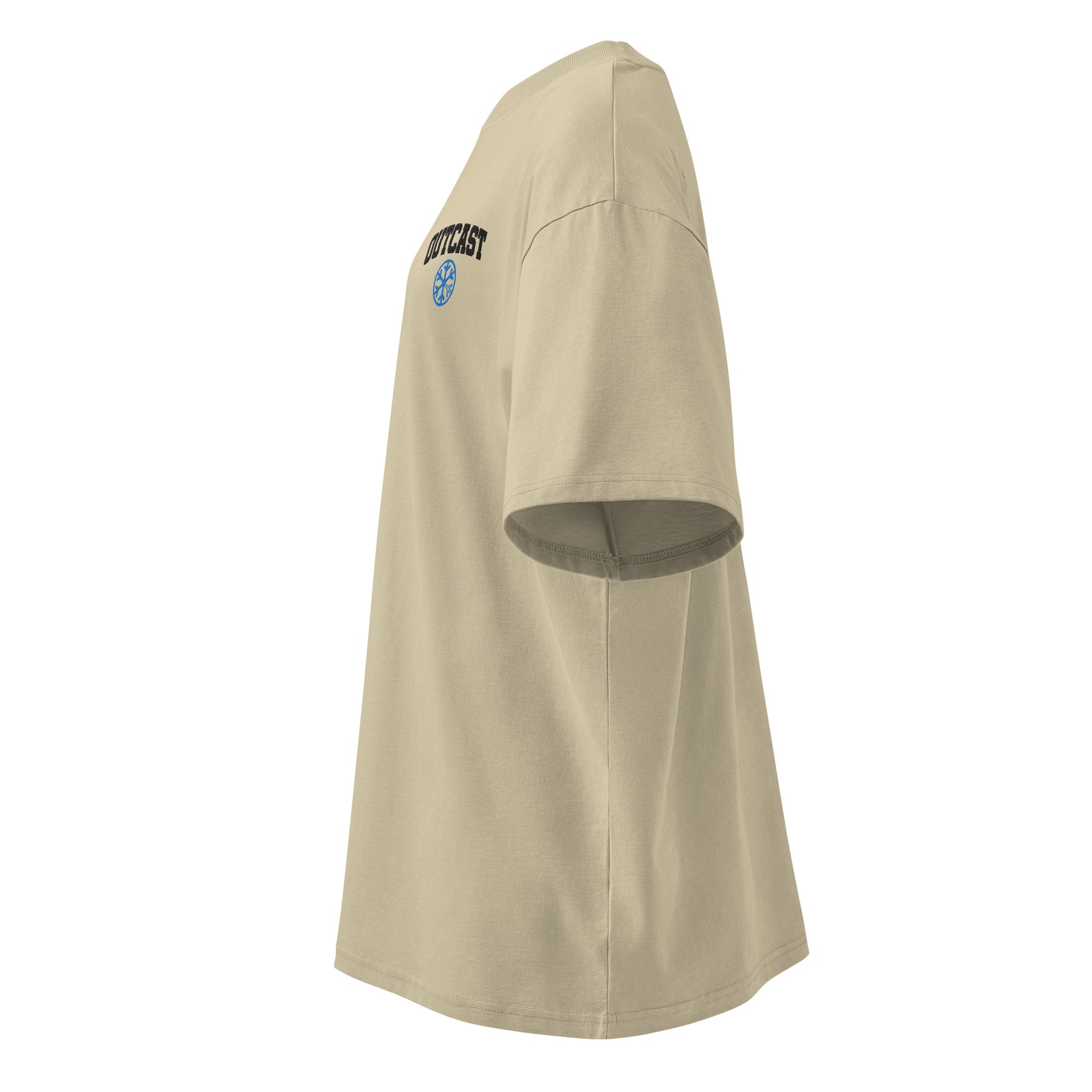 Beige-Outcast College Tee from B.Different Clothing, left view, graffiti-inspired streetwear, oversized heavyweight t-shirt