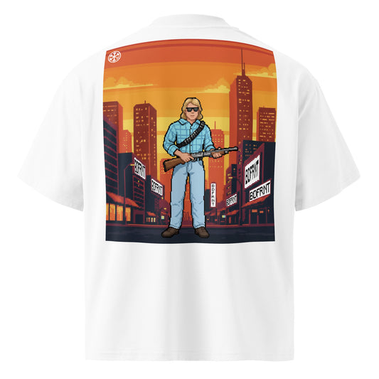 White-Pixel Disobey Tee from B.Different Clothing, back view, graffiti-inspired streetwear oversized heavyweight t-shirt