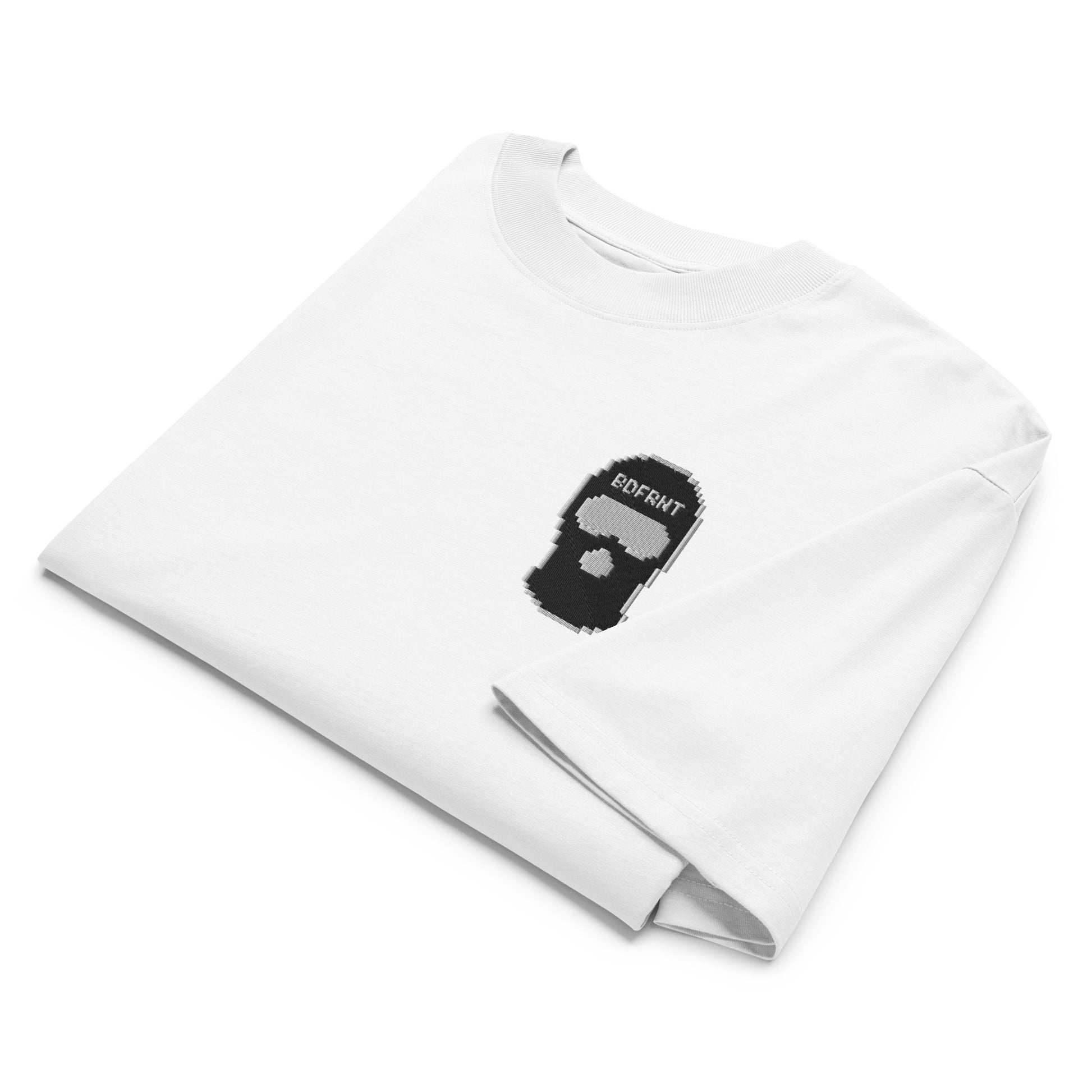 White-Pixel Balaclava Graffiti Tee from B.Different Clothing, folded, graffiti-inspired streetwear, oversized heavyweight t-shirt