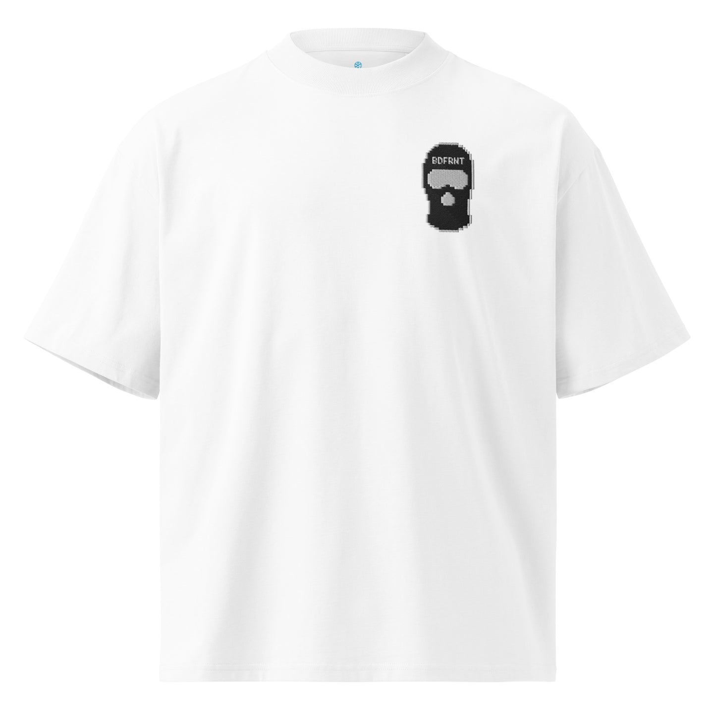 White-Pixel Balaclava Graffiti Tee from B.Different Clothing, front view, graffiti-inspired streetwear, oversized heavyweight t-shirt