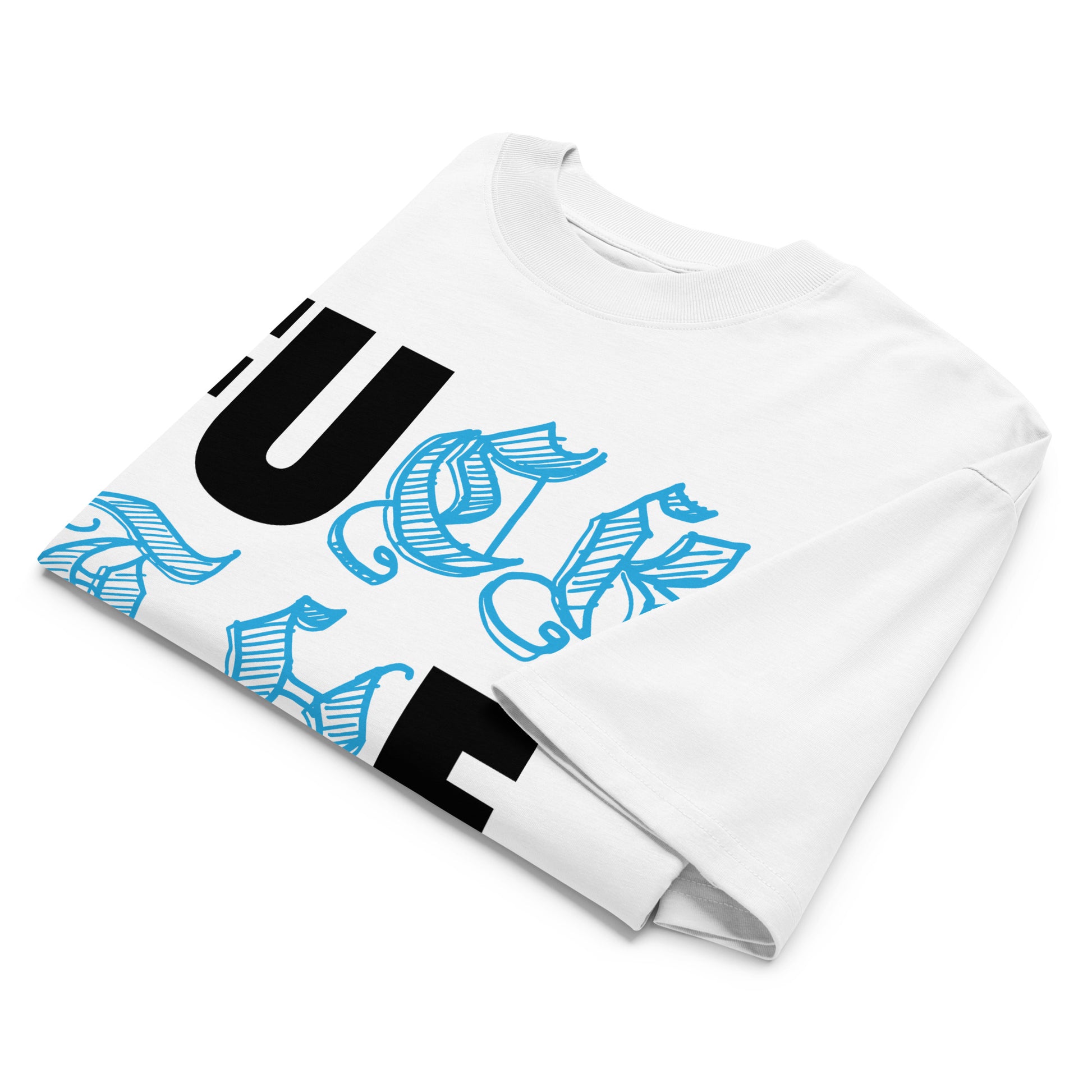 White-Fuck The Buff Graffiti Tee from B.Different Clothing, folded, graffiti-inspired streetwear, oversized heavyweight t-shirt