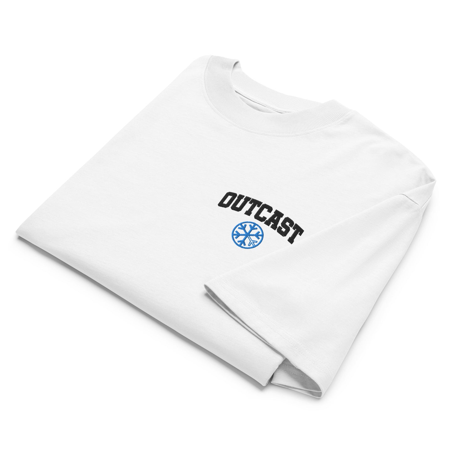 White-Outcast College Tee from B.Different Clothing, folded, graffiti-inspired streetwear, oversized heavyweight t-shirt