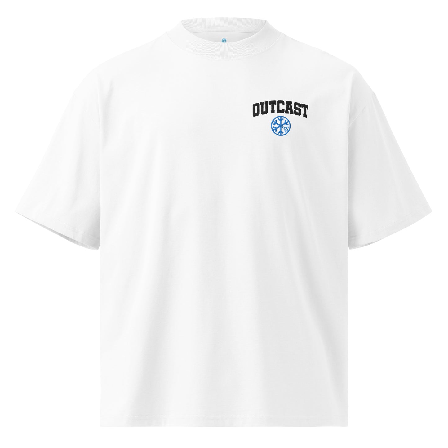 White-Outcast College Tee from B.Different Clothing, front view, graffiti-inspired streetwear, oversized heavyweight t-shirt