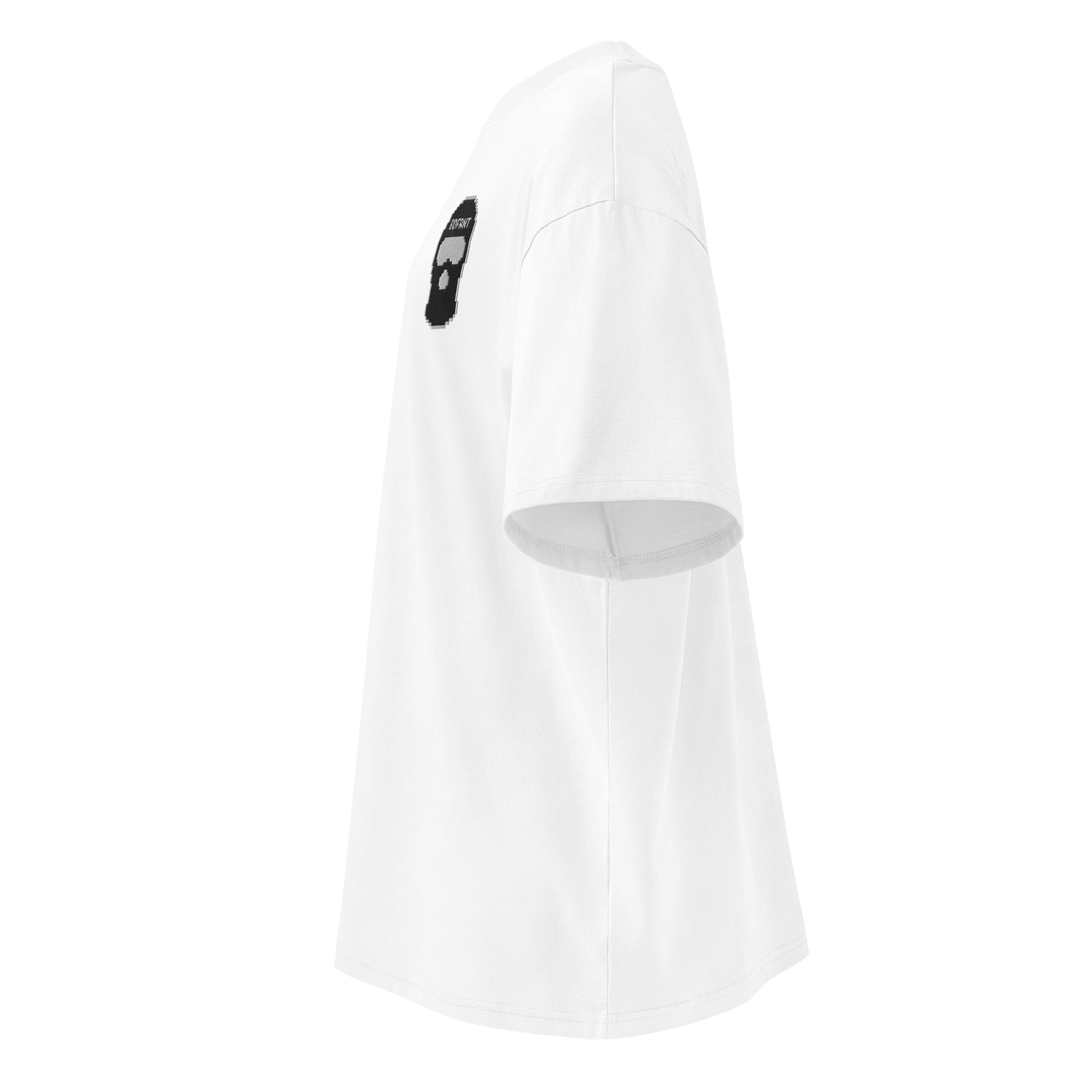 White-Pixel Balaclava Graffiti Tee from B.Different Clothing, left view, graffiti-inspired streetwear, oversized heavyweight t-shirt