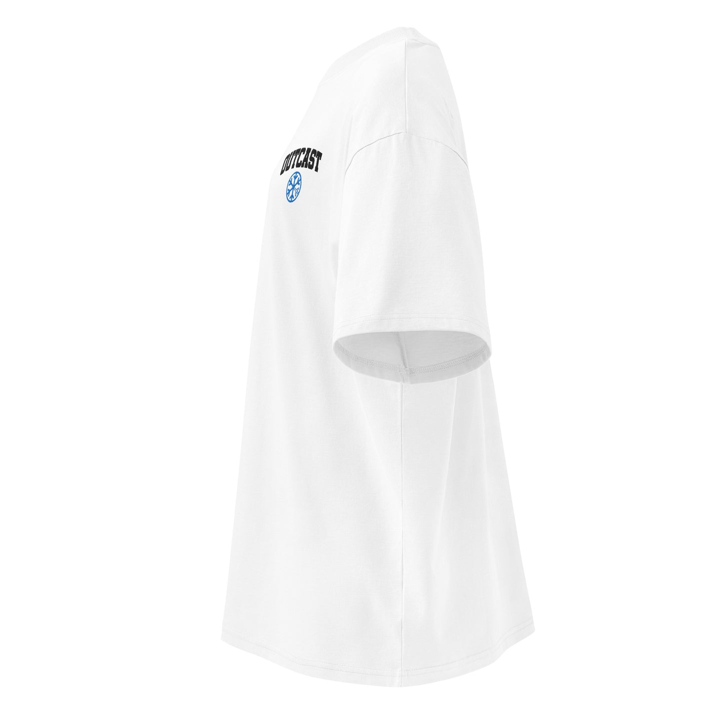 White-Outcast College Tee from B.Different Clothing, left view, graffiti-inspired streetwear, oversized heavyweight t-shirt