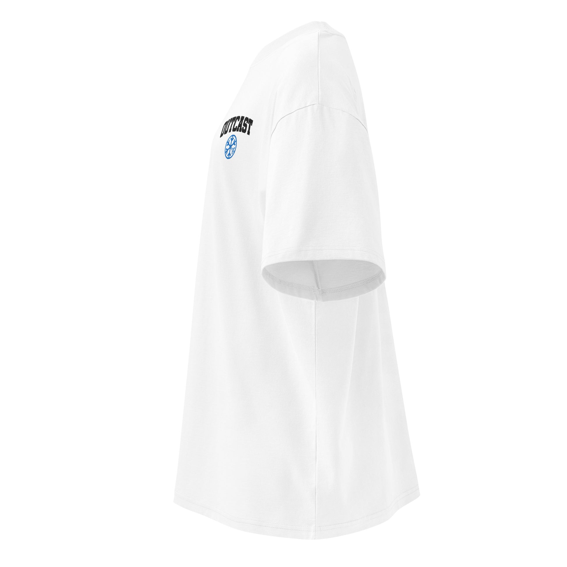 White-Outcast College Tee from B.Different Clothing, left view, graffiti-inspired streetwear, oversized heavyweight t-shirt