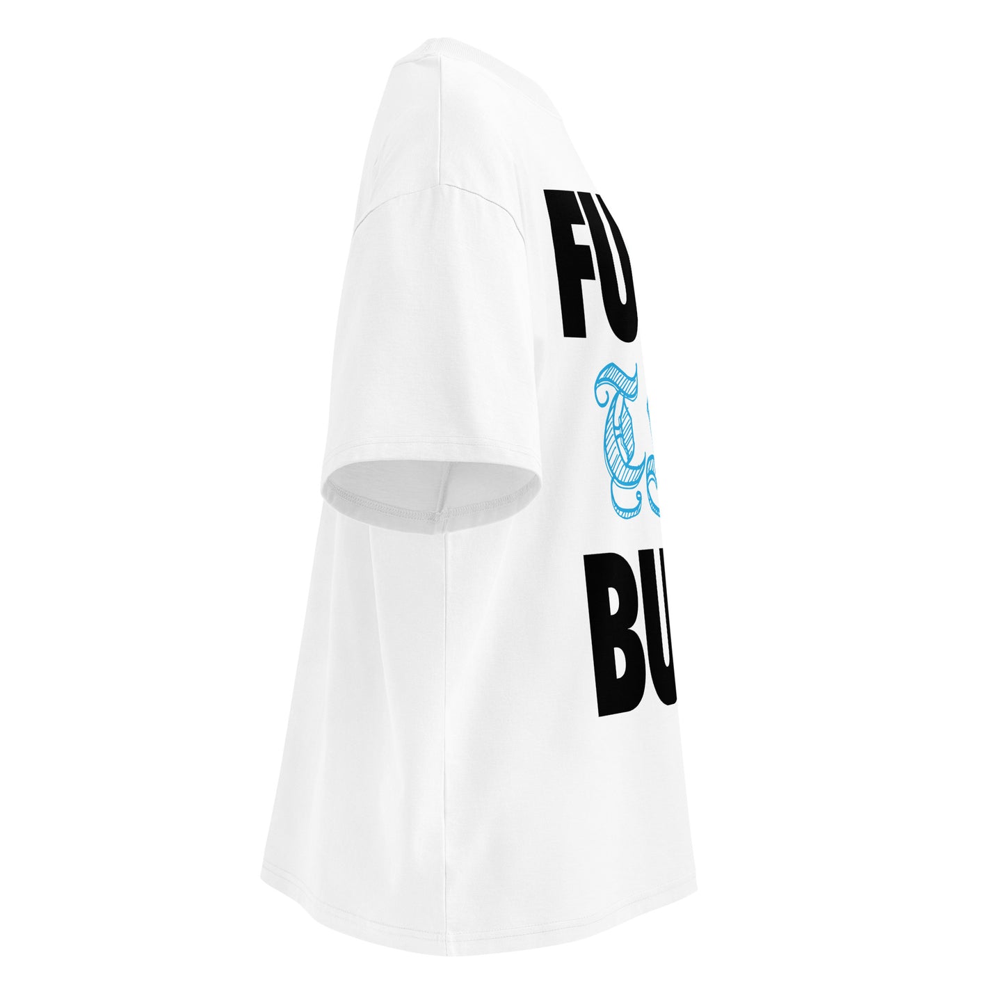 White-Fuck The Buff Graffiti Tee from B.Different Clothing, right view, graffiti-inspired streetwear, oversized heavyweight t-shirt