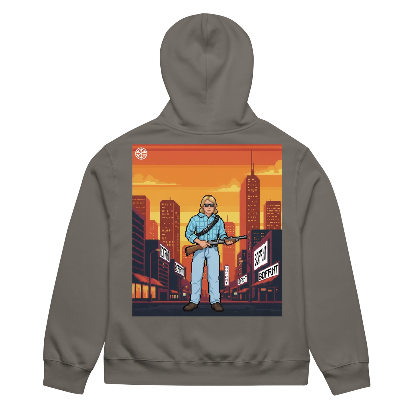Gray-Pixel Disobey Hoodie from B.Different Clothing, back view, graffiti-inspired streetwear, oversized heavyweight