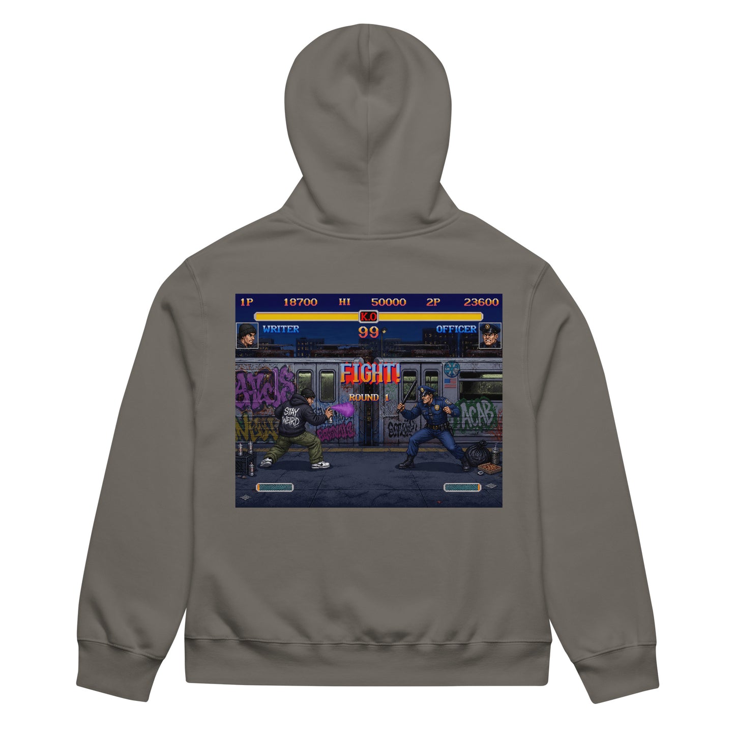 Gray-Street Writer II Graffiti Hoodie from B.Different Clothing, back view, graffiti-inspired streetwear, oversized heavyweight