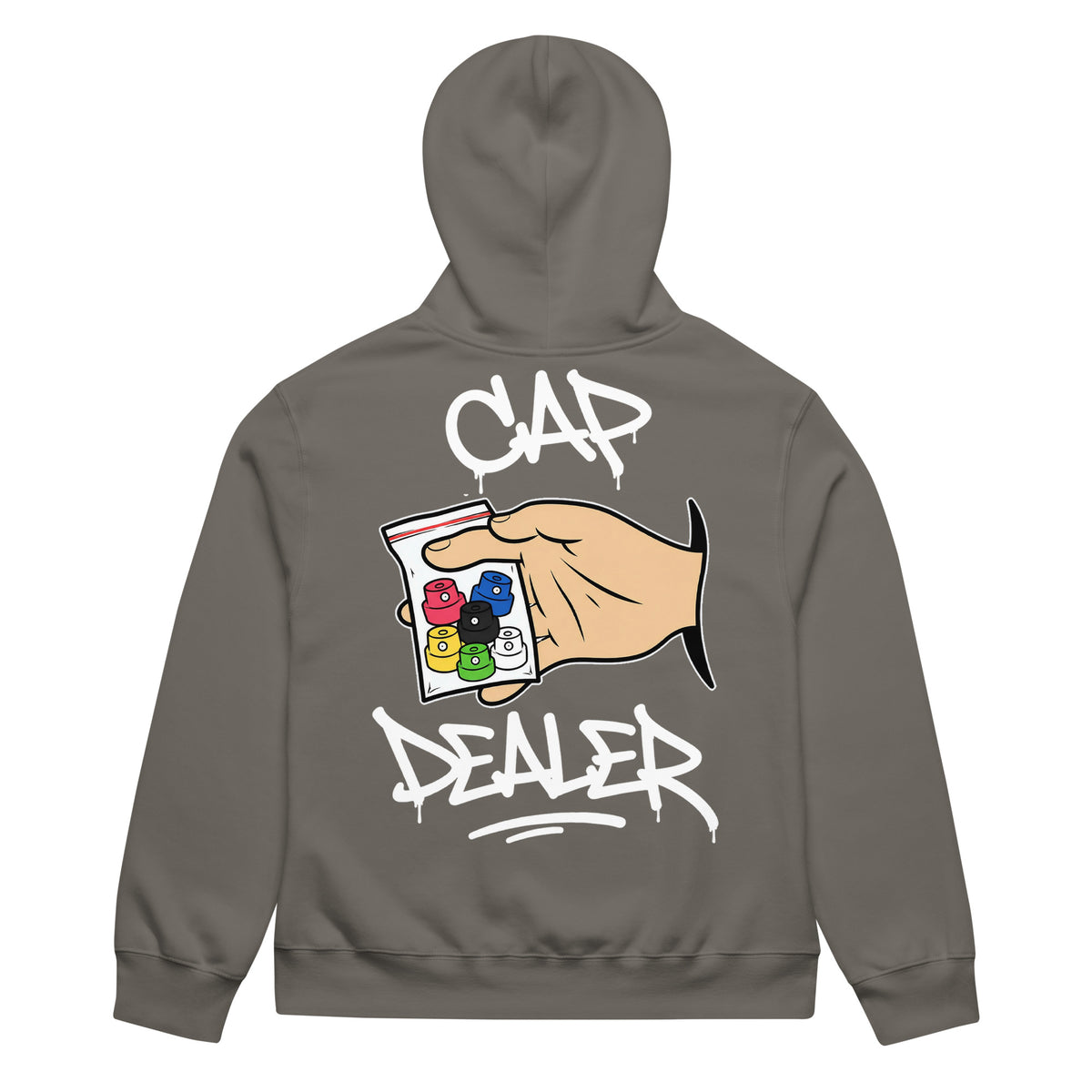 Gray-Cap Dealer Graffiti Hoodie from B.Different Clothing, back view, graffiti-inspired streetwear