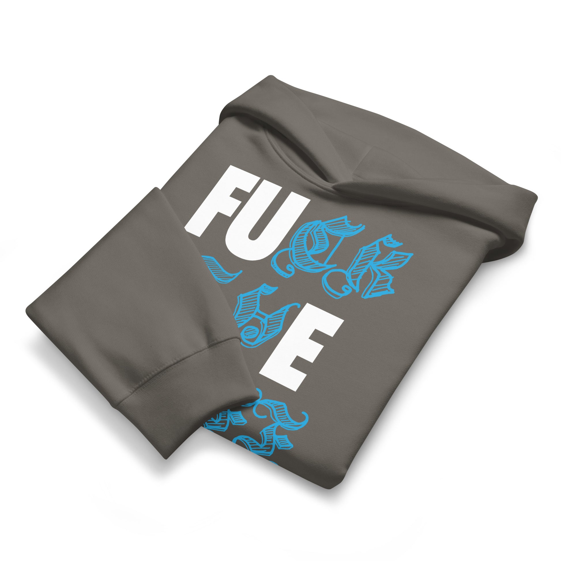 Gray-Fuck The Buff Graffiti Hoodie from B.Different Clothing, folded, graffiti-inspired streetwear, oversized heavyweight