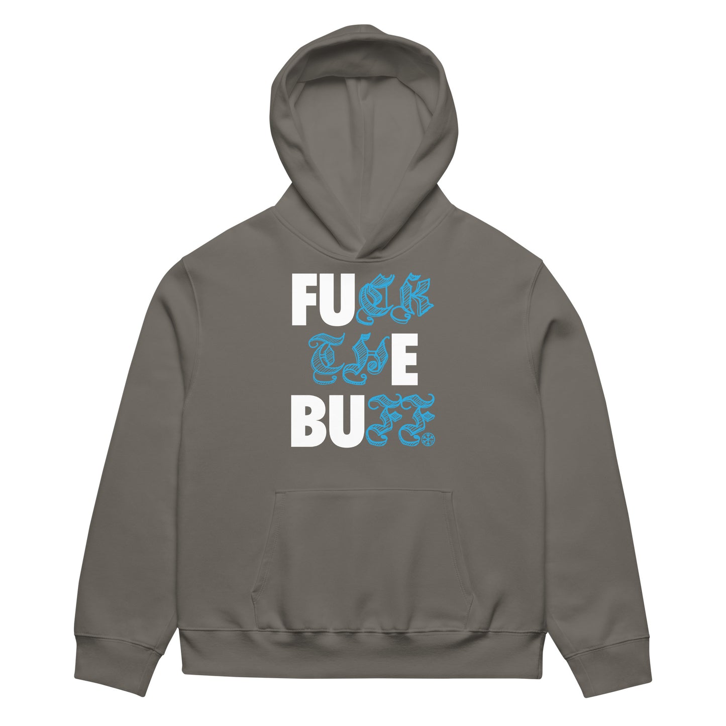 Gray-Fuck The Buff Graffiti Hoodie from B.Different Clothing, front view, graffiti-inspired streetwear, oversized heavyweight