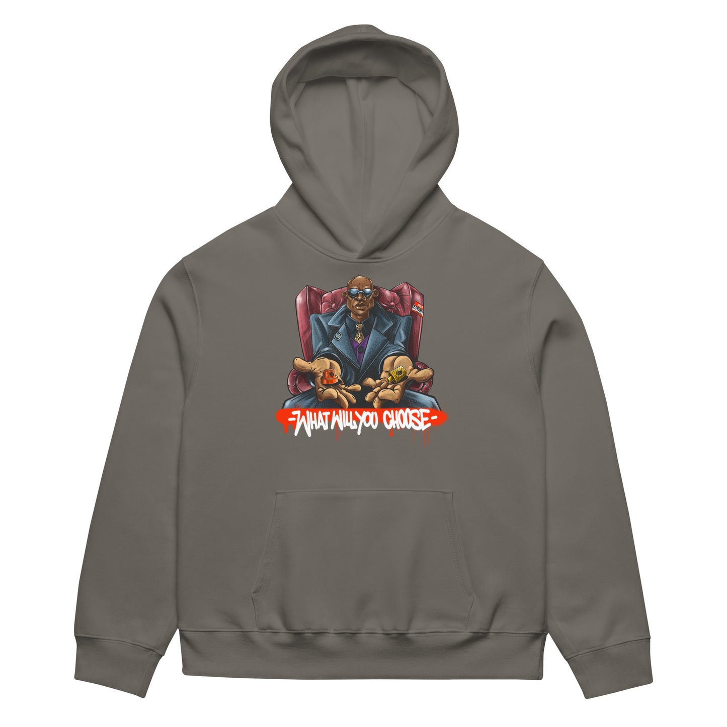 Gray-Make Your Choice Graffiti Hoodie by Trk One from B.Different Clothing, front view, graffiti-inspired streetwear, oversized heavyweight
